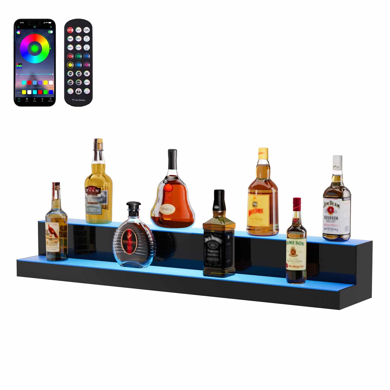 VEVOR 101cm 2-Tier LED Liquor Bottle Display Shelf with Remote & App Control, Multicolor Acrylic Bar Rack