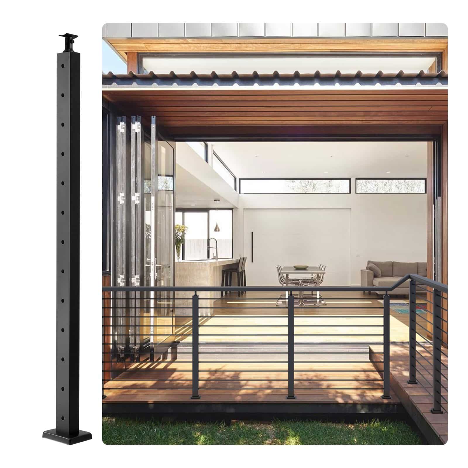 VEVOR 106.7x2.5x5 cm Stainless Steel Cable Railing Post with 12 Holes, Horizontal & Curved Brackets for Deck & Balcony