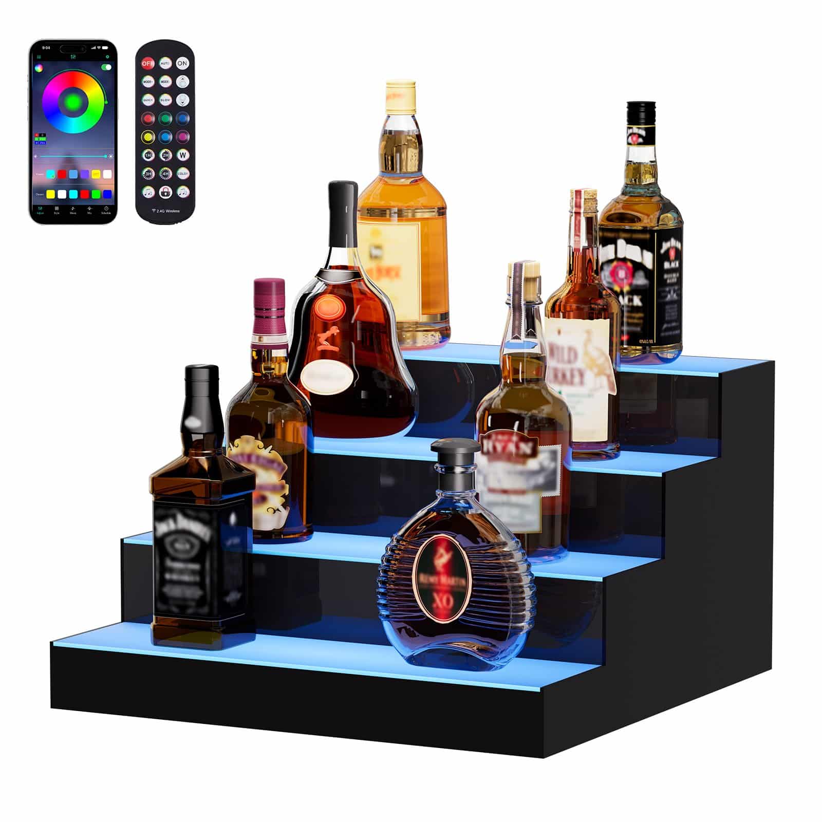 VEVOR 40cm LED Lighted Liquor Bottle Display, 4-Tier Acrylic Bar Shelf with Remote & App Control, Multicolor Whiskey Rack
