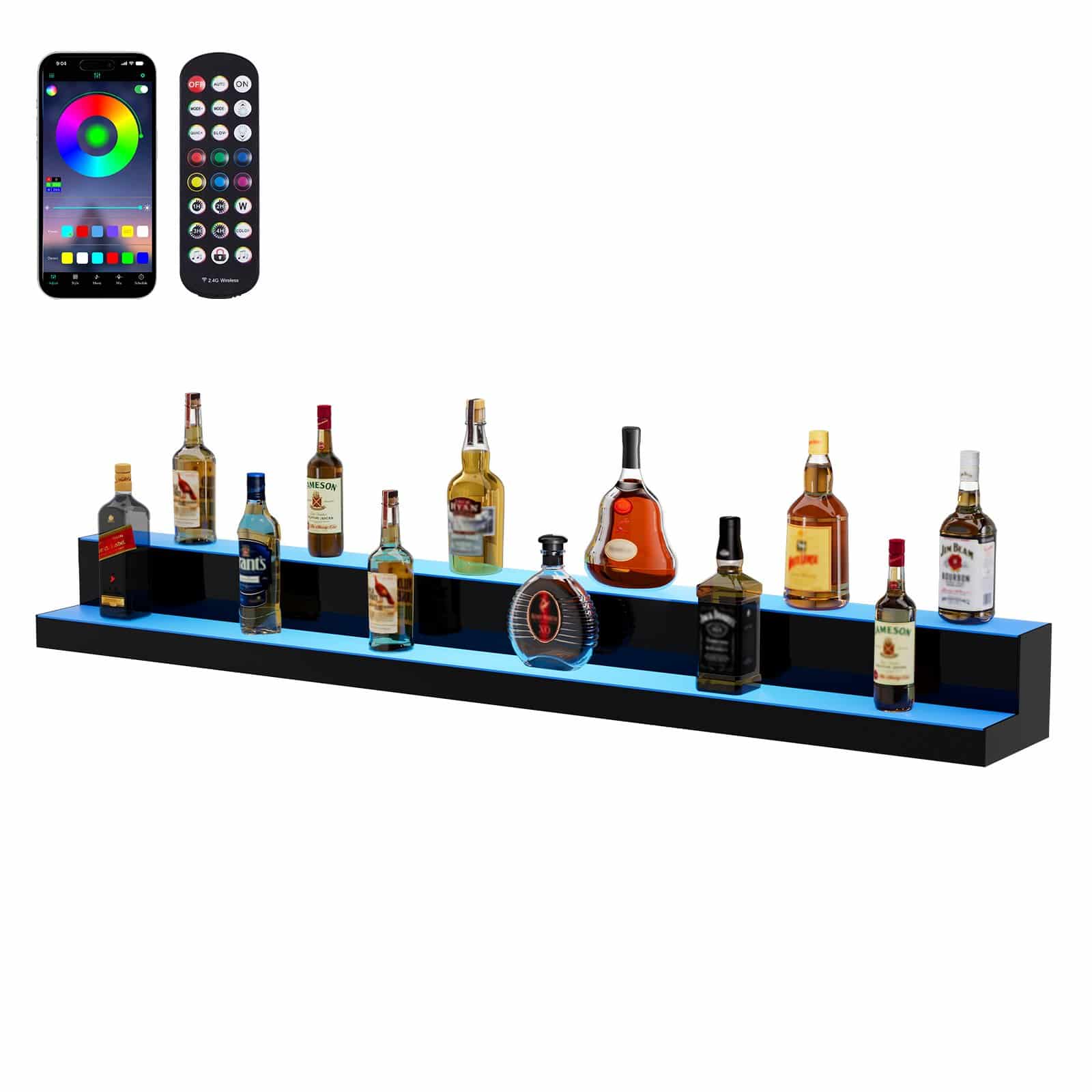 VEVOR 152cm LED Lighted Liquor Bottle Display, 2-Tier Acrylic Bar Shelf with RF Remote & App Control, Multicolor Lighting