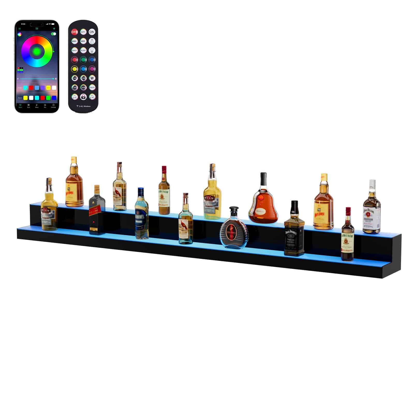 VEVOR 183cm 2-Tier LED Liquor Bottle Display Shelf with Remote & App Control, Multicolor Acrylic Bar Rack for Home & Bar
