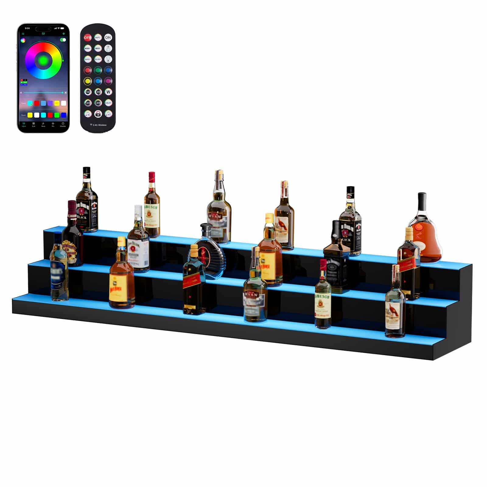 VEVOR 152.4 cm 3-Step LED Liquor Bottle Display Shelf with RF & App Control – Acrylic Lighted Bar Rack