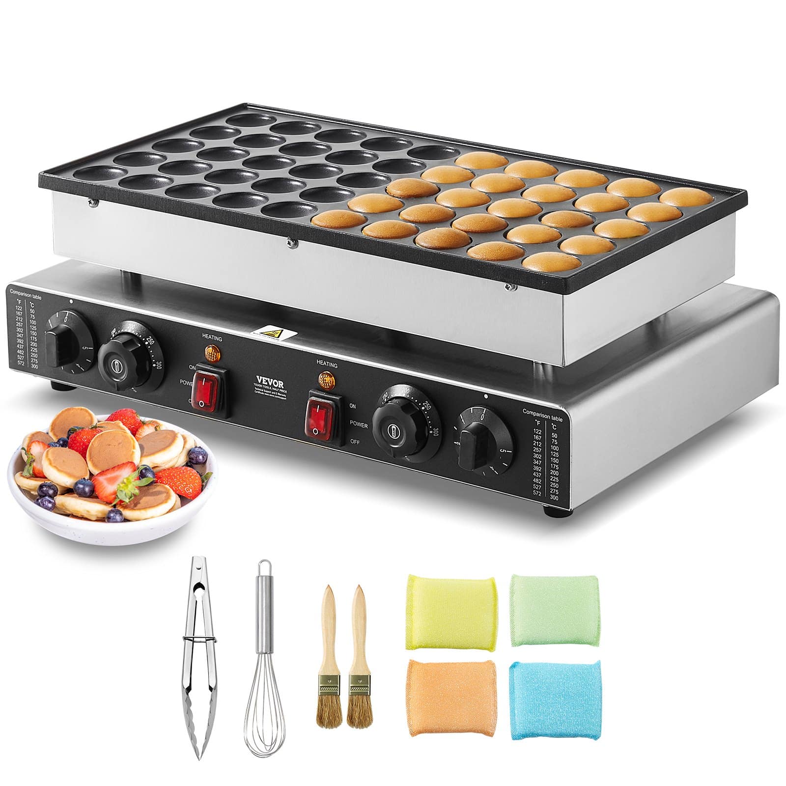 VEVOR 1700W Mini Dutch Pancake Maker - 50pcs Ø43mm Poffertjes Grill, Non-stick, Dual Temp Control, for Home & Restaurant