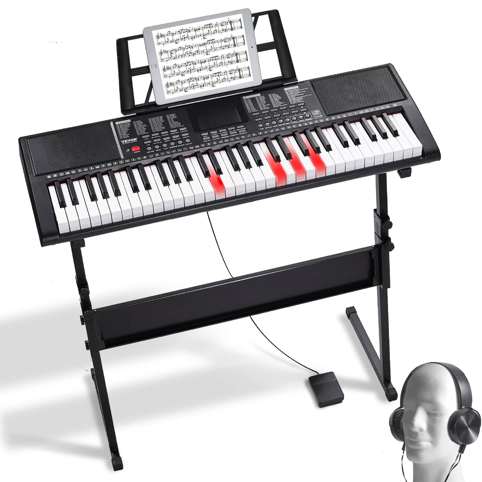 VEVOR 61-Key Digital Piano with Lighted Keys, 600 Tones, 500 Rhythms, USB MIDI, Stand, Pedal & Headphones for Beginners