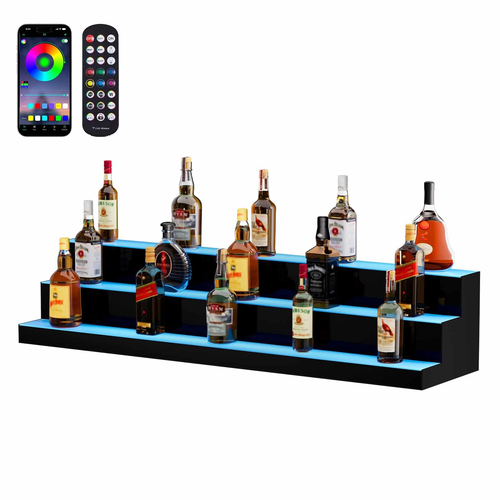 VEVOR 121.9 cm 3-Tier LED Liquor Bottle Display Shelf with RF & App Control – Acrylic Lighted Bar Rack for Home & Commercial Use