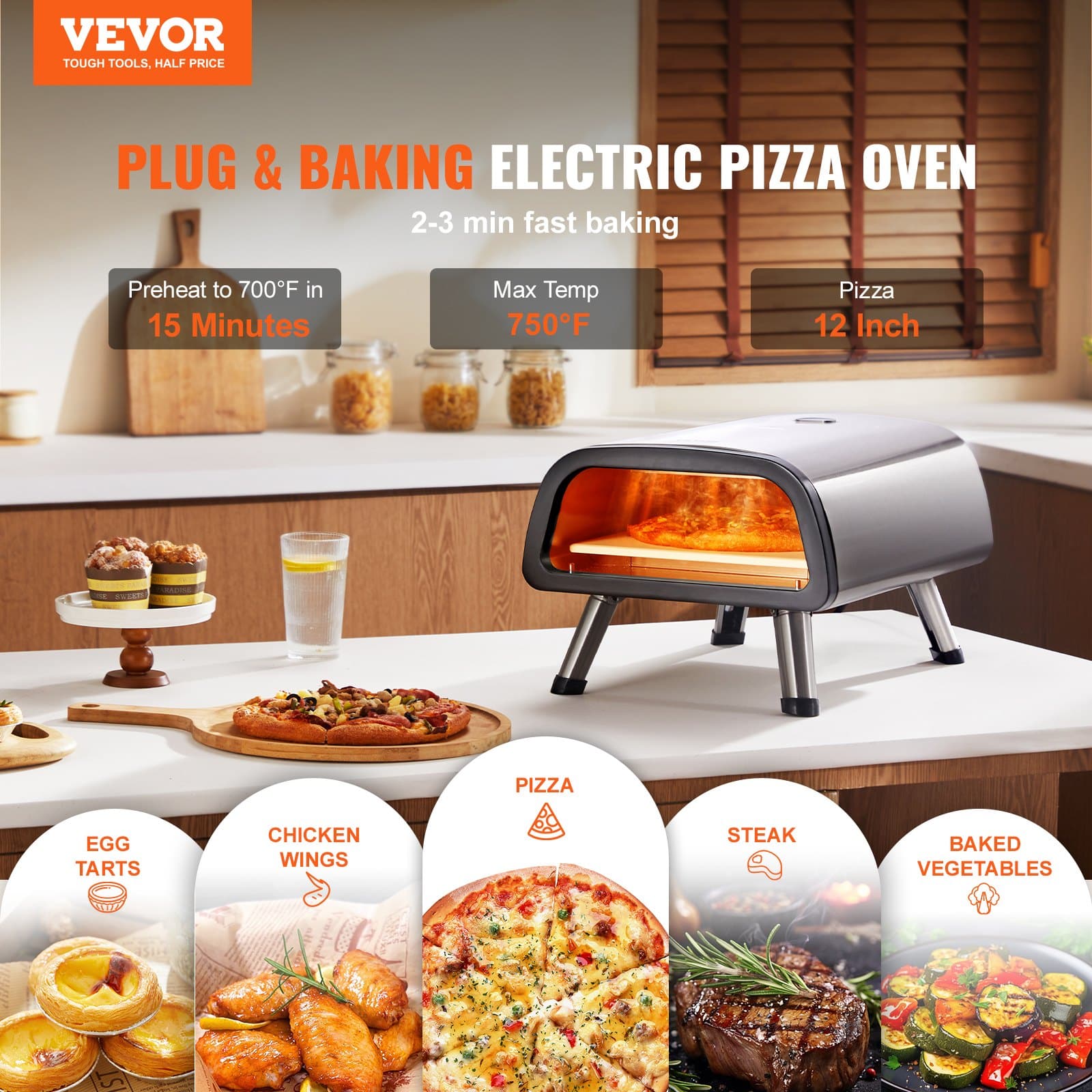 VEVOR 30cm Electric Pizza Oven with Stone & Spatula, 450°C Countertop Stainless Steel Pizza Maker for Indoor & Outdoor Use - Pilt 2