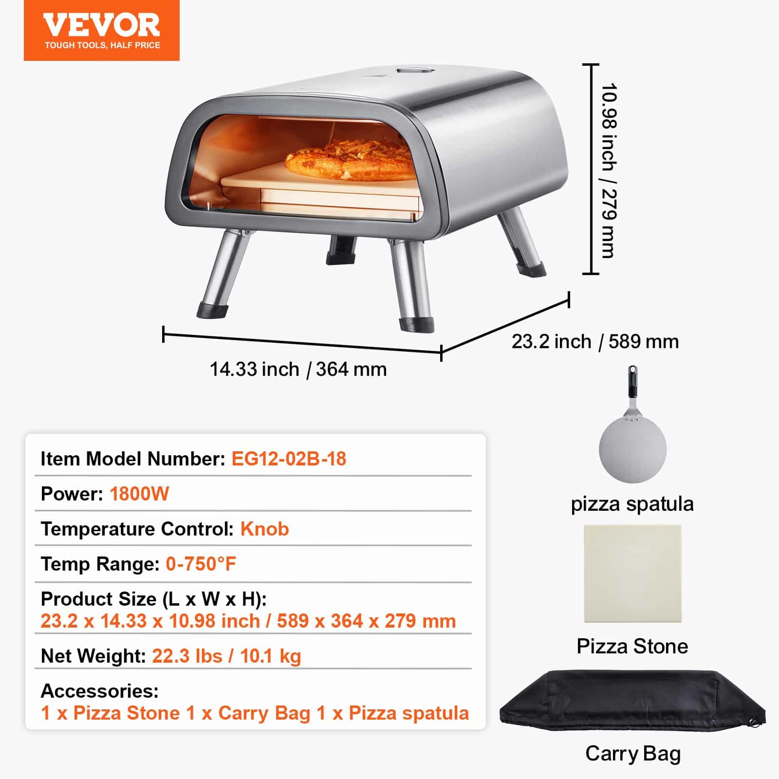 VEVOR 30cm Electric Pizza Oven with Stone & Spatula, 450°C Countertop Stainless Steel Pizza Maker for Indoor & Outdoor Use - Pilt 7