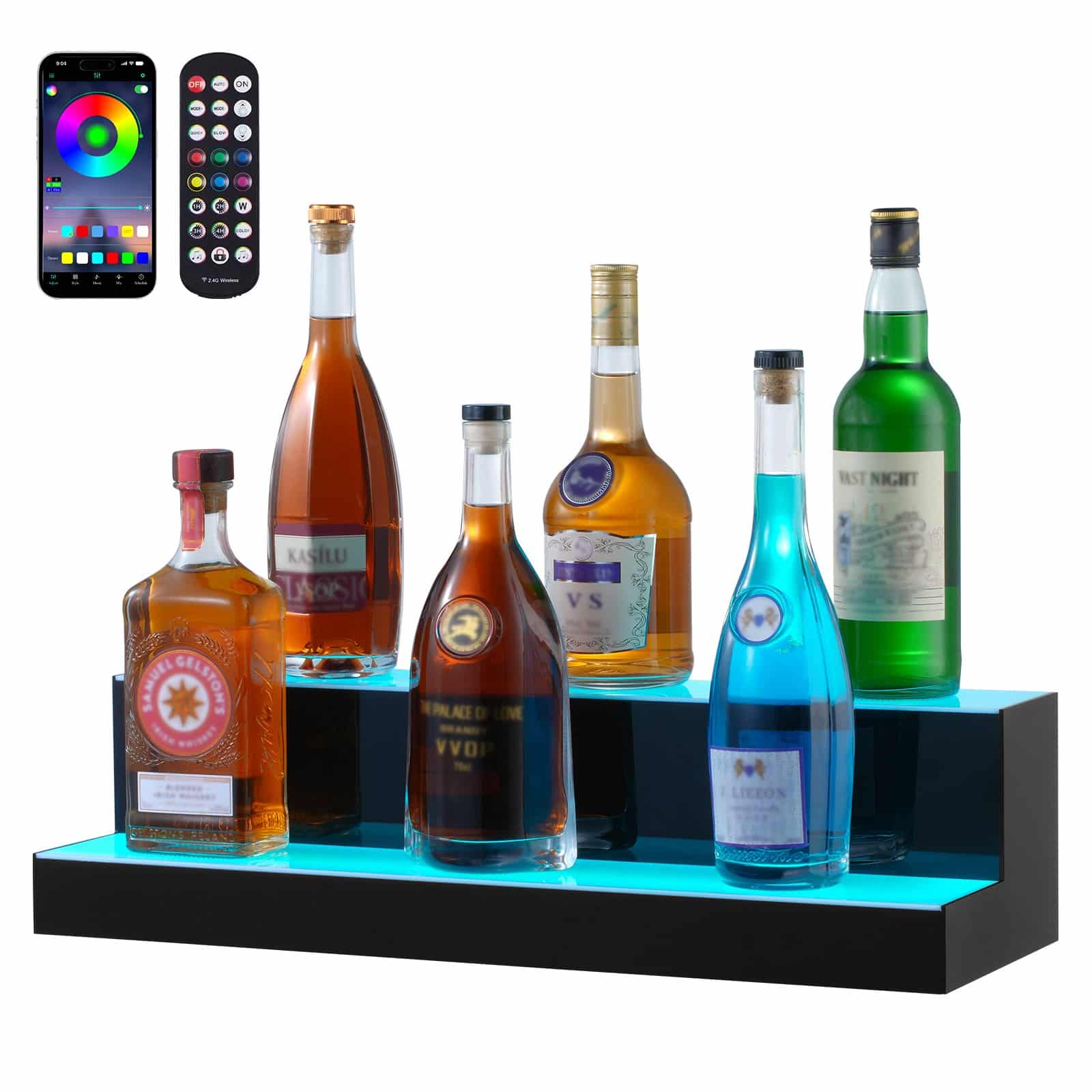 VEVOR 61 cm 2-Tier LED Liquor Bottle Display Shelf with Remote & App Control, Multicolor Acrylic Bar Rack for Home & Commercial Use