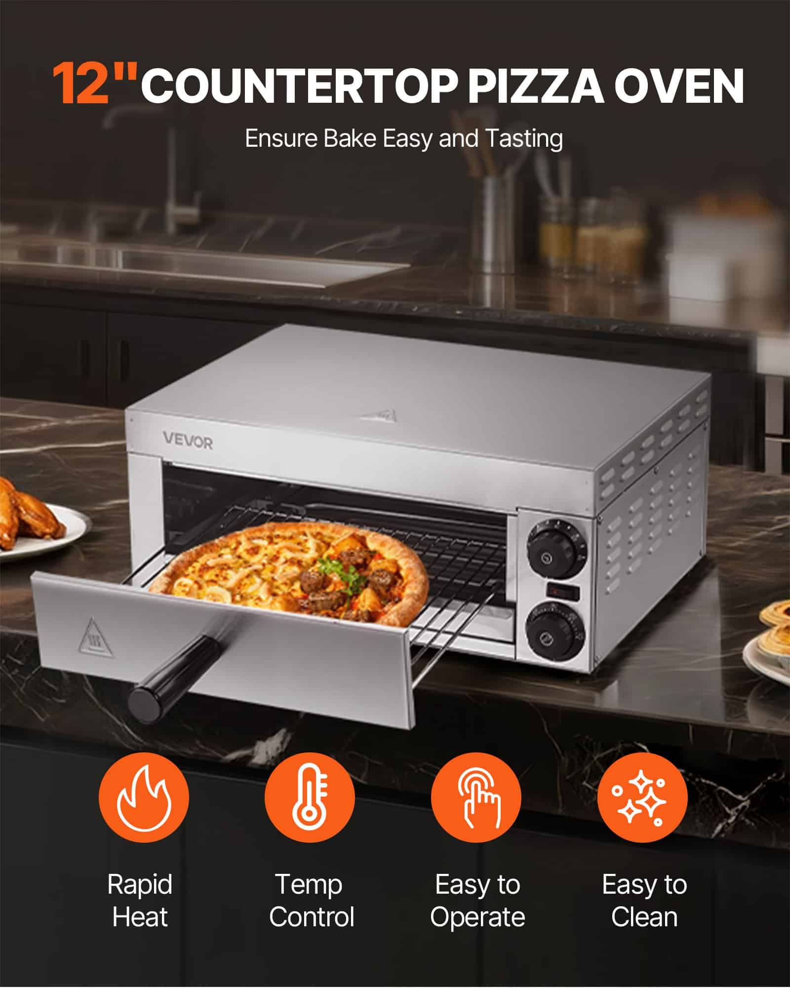 VEVOR 12-inch Electric Pizza Oven 1500W with Temp & Timer Control, Even Baking, Easy Clean Tray, for Home & Commercial Use - Image 2