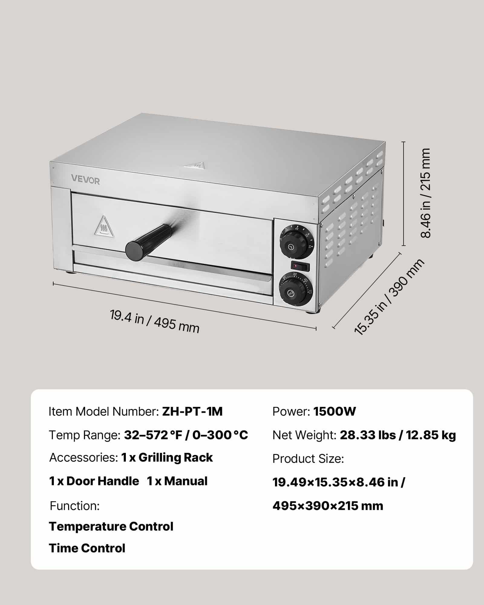 VEVOR 12-inch Electric Pizza Oven 1500W with Temp & Timer Control, Even Baking, Easy Clean Tray, for Home & Commercial Use - Image 7