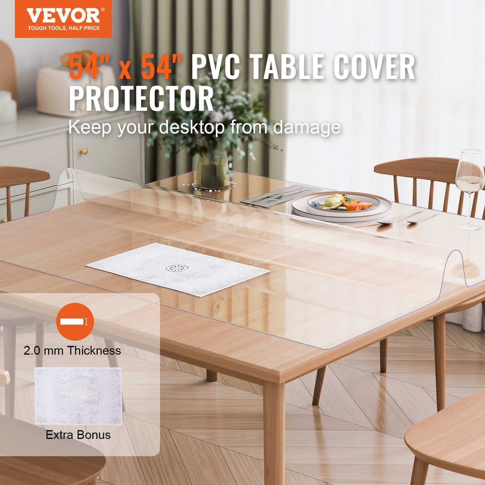 VEVOR 137x137 cm Clear PVC Table Protector, 2.0 mm Thick Waterproof Desk Mat for Dining, Office, Nightstand & Dresser - Pilt 2