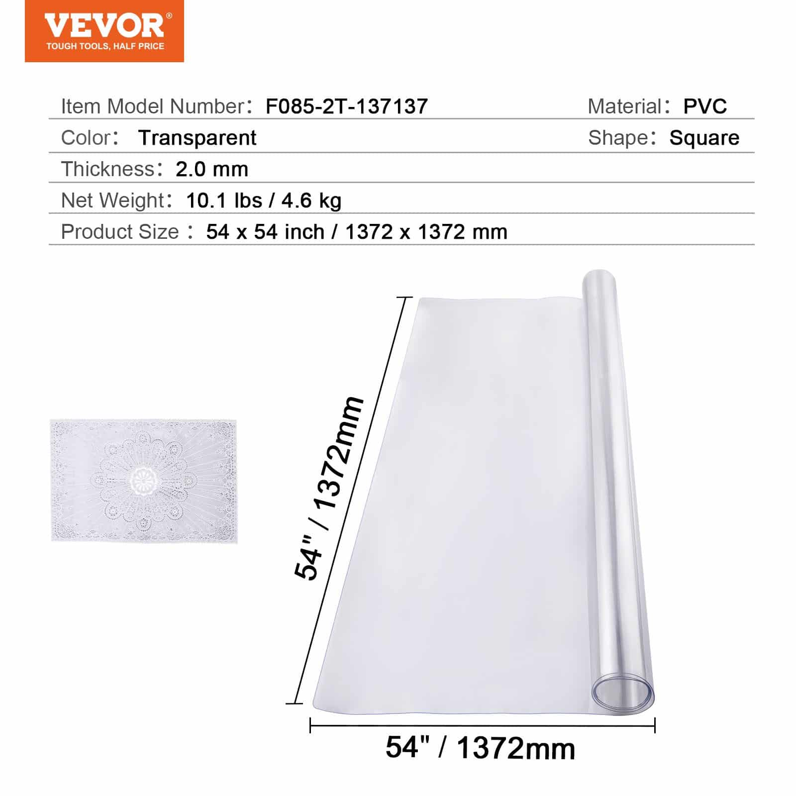 VEVOR 137x137 cm Clear PVC Table Protector, 2.0 mm Thick Waterproof Desk Mat for Dining, Office, Nightstand & Dresser - Pilt 7