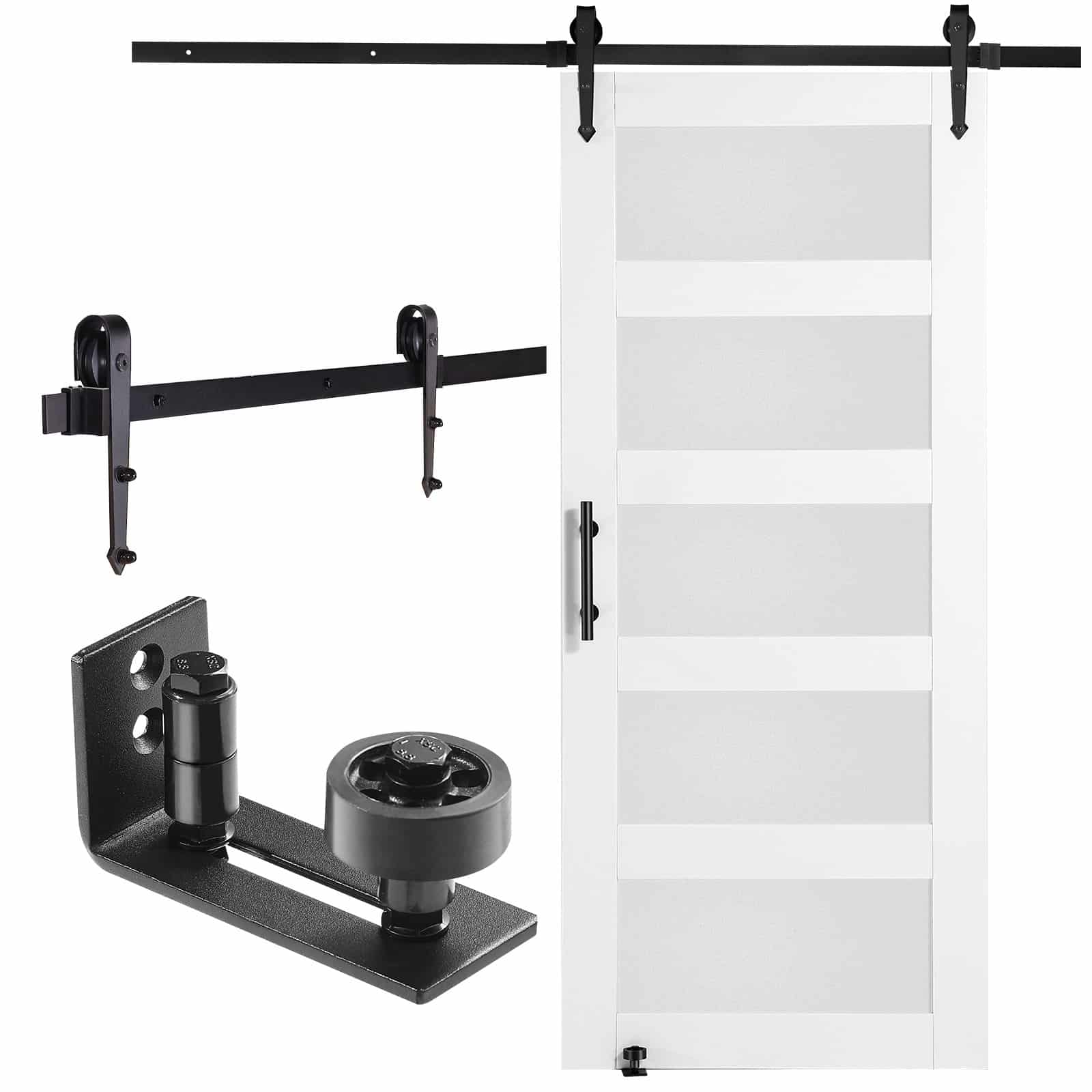 VEVOR Sliding Barn Door Kit 91x213 cm, Spruce Wood & Frosted Glass, Quiet Operation, 8-in-1 Floor Guide & Handle