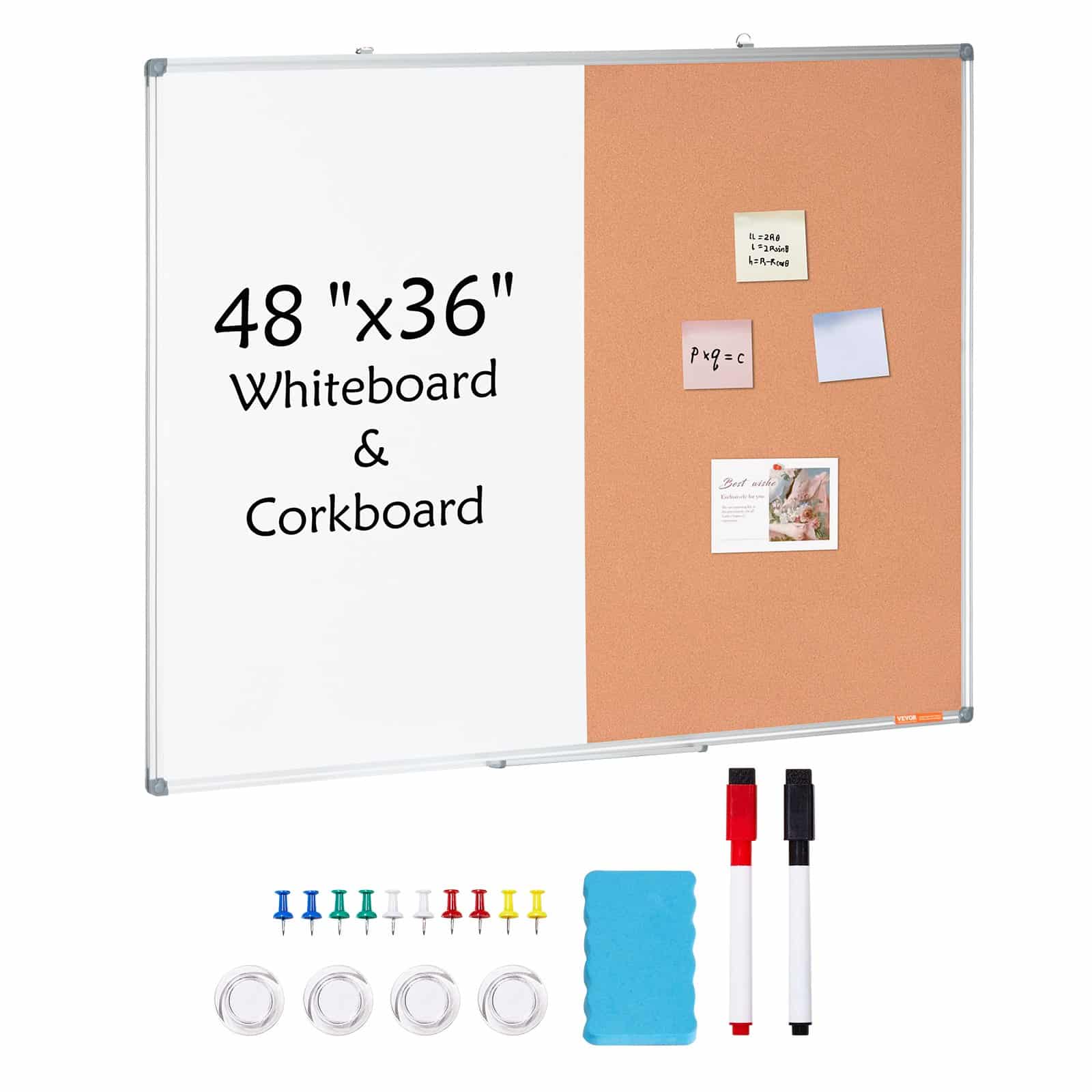 VEVOR 122x91 cm Magnetic Whiteboard & Cork Bulletin Board Combo with Aluminum Frame – Wall Mount Board for Home, Office, School