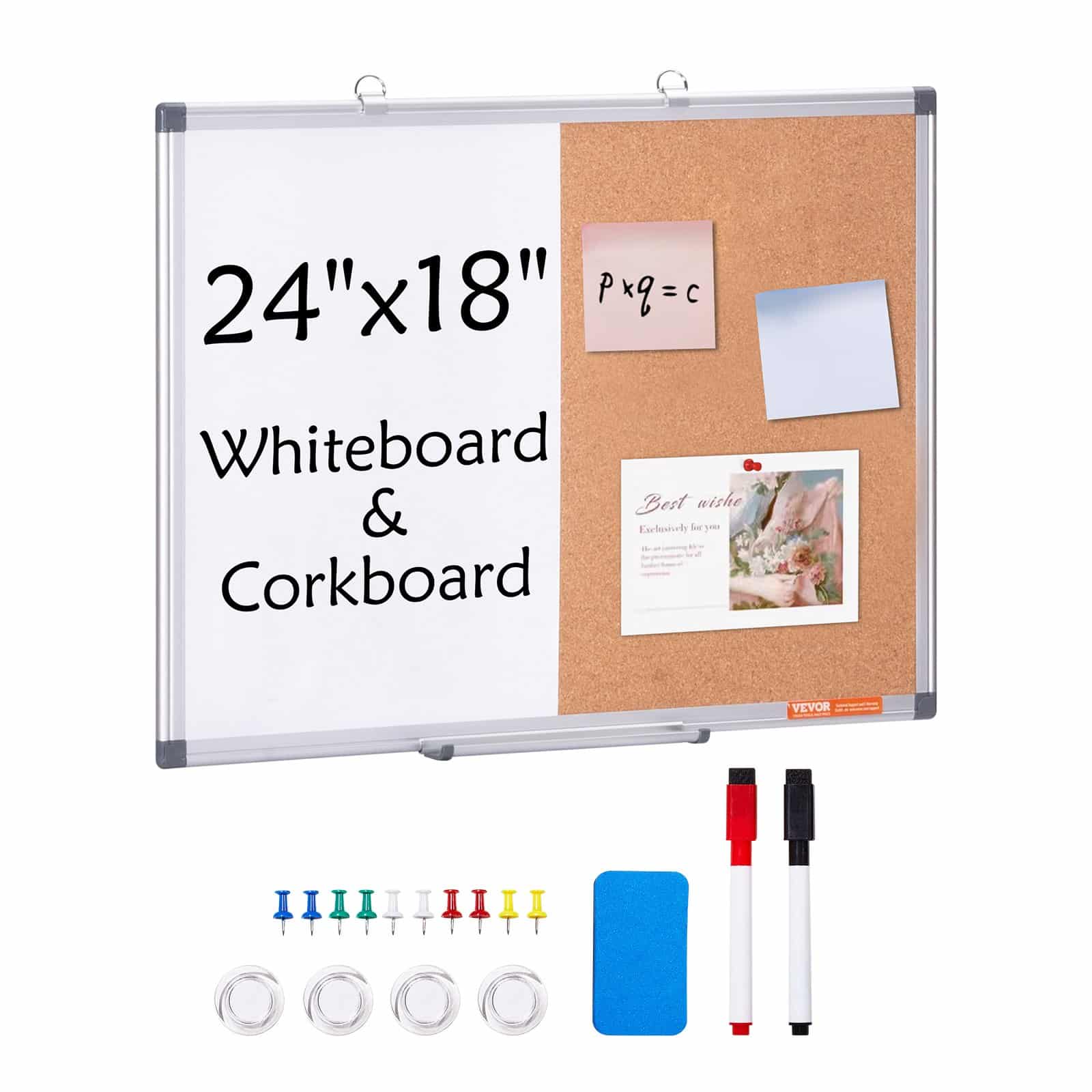 VEVOR 60x45 cm Magnetic Whiteboard & Cork Board Combo with Aluminum Frame – Wall-Mount Dry Erase Bulletin Board for Home, Office, School