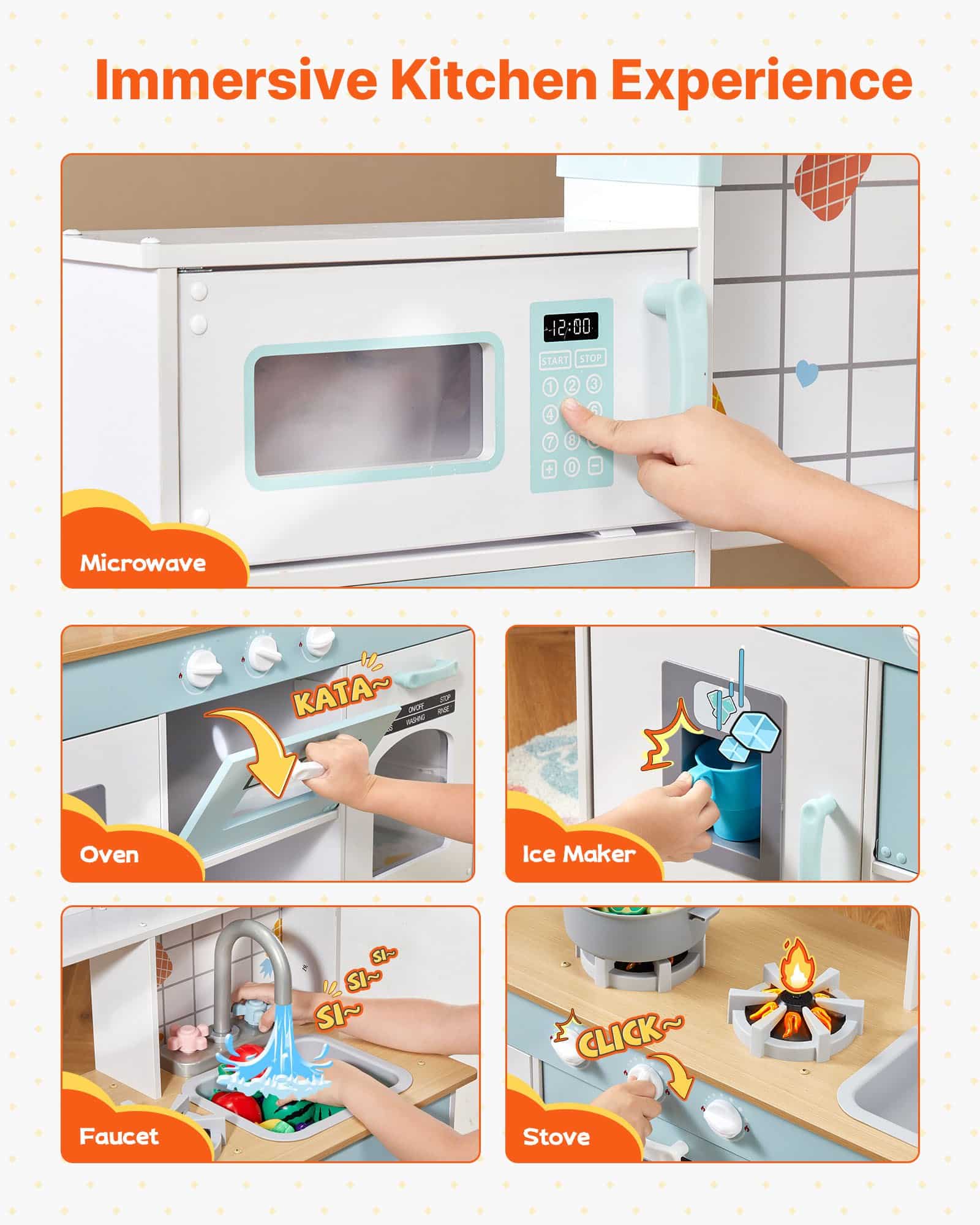 VEVOR Wooden Play Kitchen for Toddlers, Toy Kitchen Set with Lights, Sounds, Accessories, Ice Maker, Oven, Sink & Fridge - White — Attēls 4