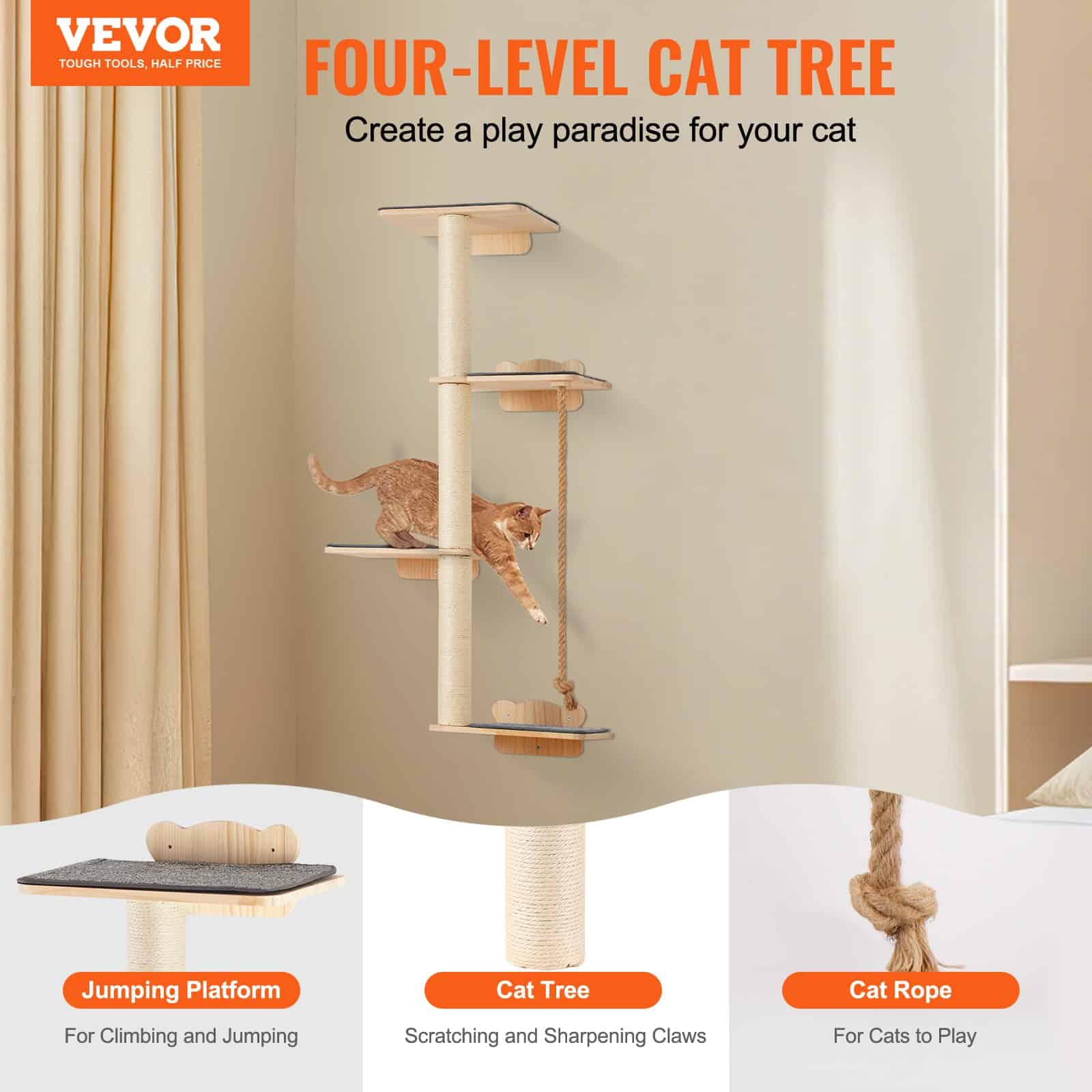 VEVOR 4-Tier Wall-Mounted Cat Tree Set with Jumping Boards, Rope & Posts, Pine Wood, Holds up to 18.14 kg, for Climbing & Resting - Pilt 2