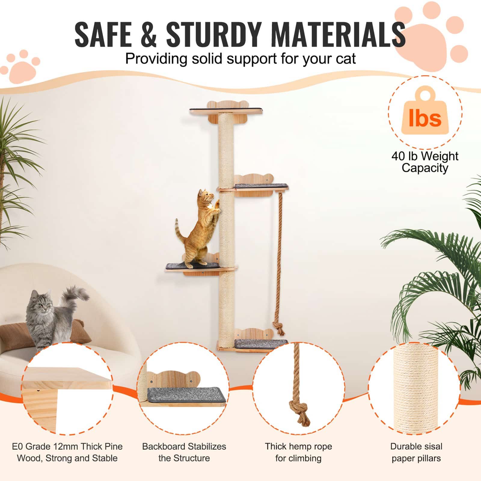 VEVOR 4-Tier Wall-Mounted Cat Tree Set with Jumping Boards, Rope & Posts, Pine Wood, Holds up to 18.14 kg, for Climbing & Resting - Pilt 3