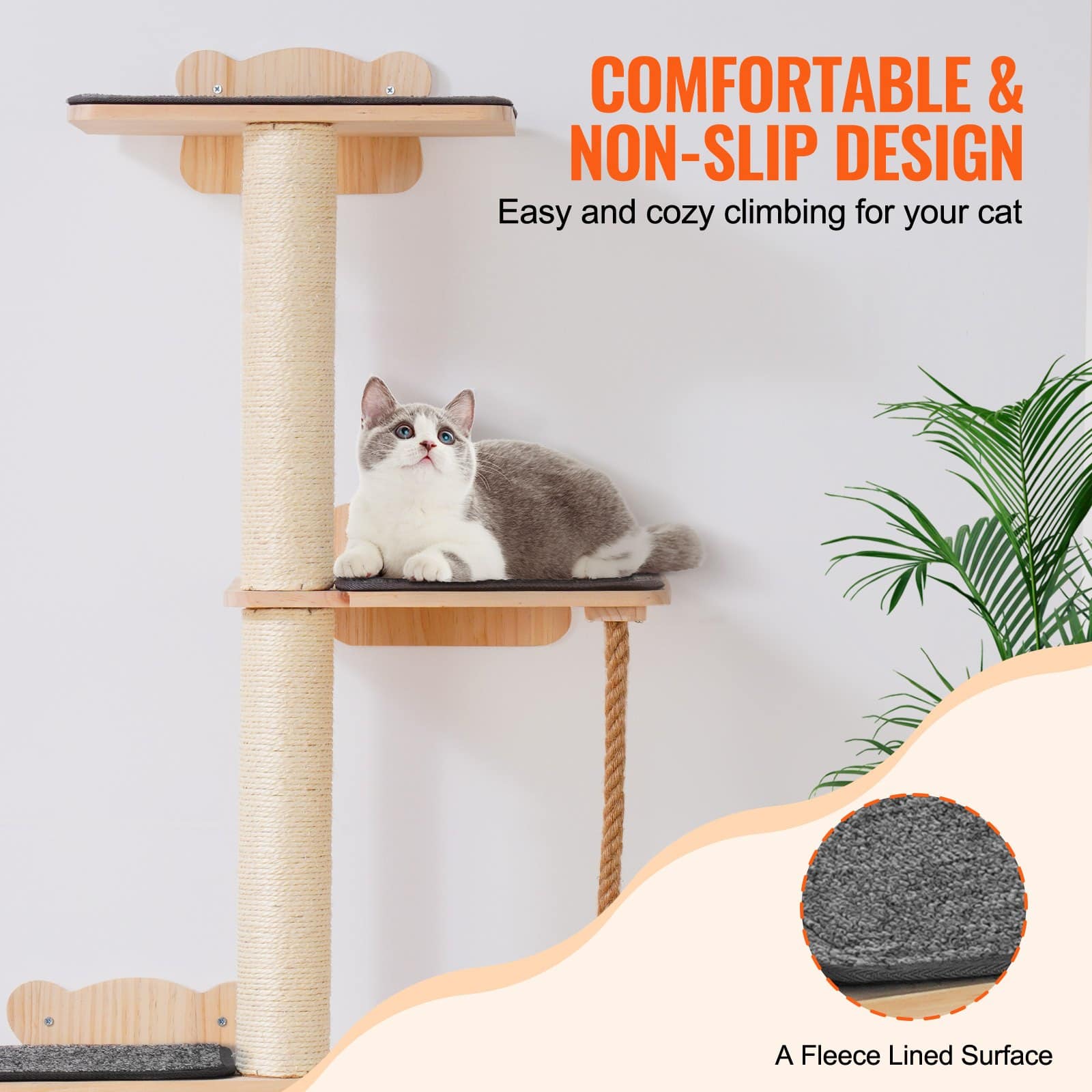 VEVOR 4-Tier Wall-Mounted Cat Tree Set with Jumping Boards, Rope & Posts, Pine Wood, Holds up to 18.14 kg, for Climbing & Resting - Pilt 5