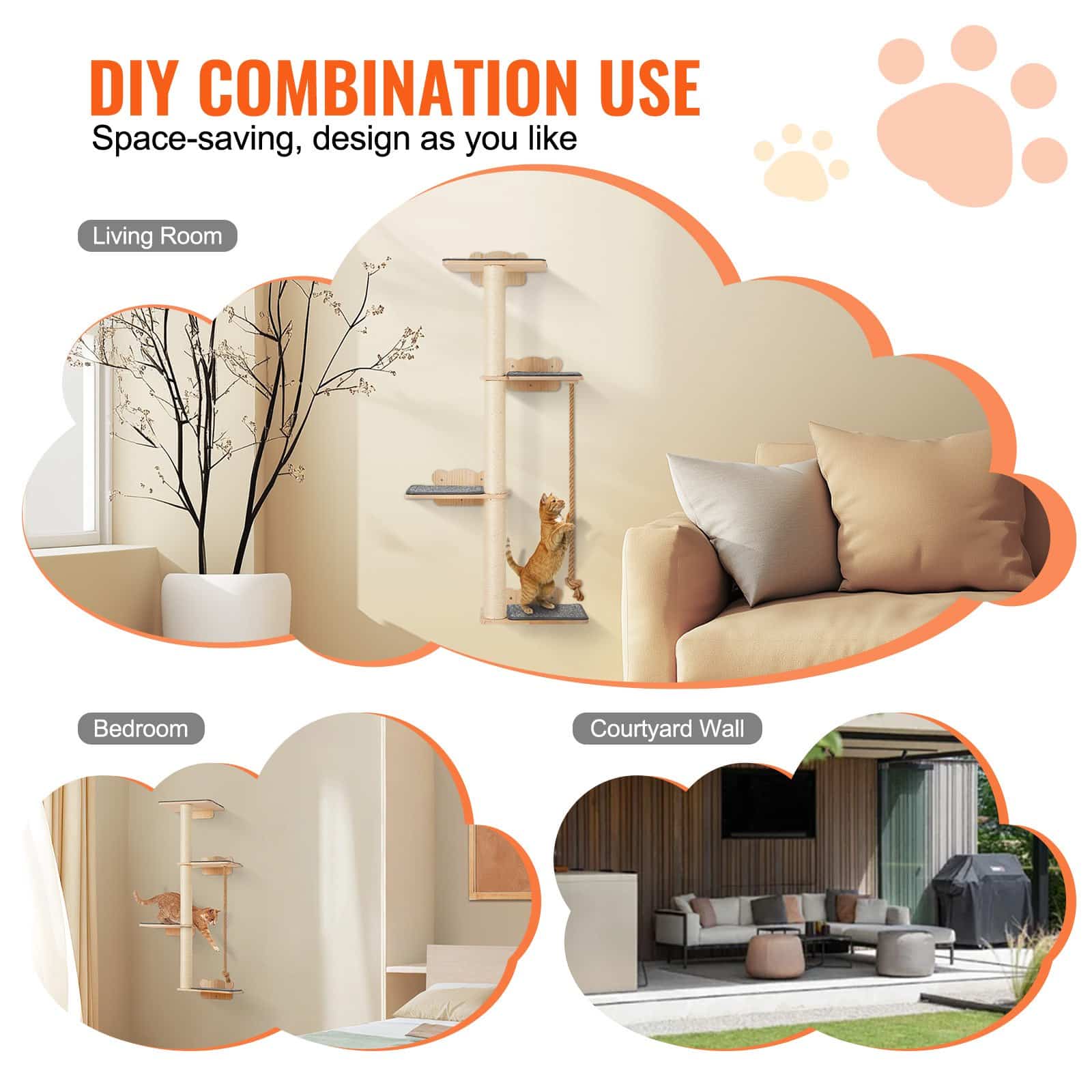VEVOR 4-Tier Wall-Mounted Cat Tree Set with Jumping Boards, Rope & Posts, Pine Wood, Holds up to 18.14 kg, for Climbing & Resting - Pilt 6
