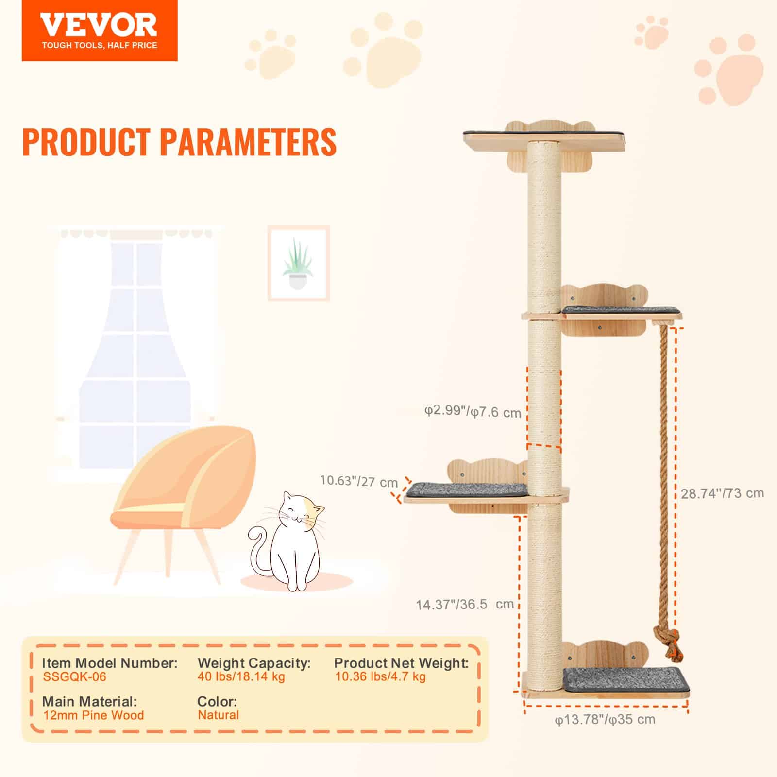 VEVOR 4-Tier Wall-Mounted Cat Tree Set with Jumping Boards, Rope & Posts, Pine Wood, Holds up to 18.14 kg, for Climbing & Resting - Pilt 7