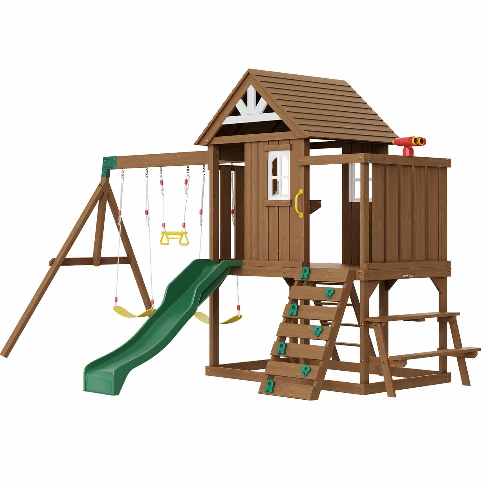 VEVOR 9-in-1 Wooden Outdoor Swing Set with Slide, Swings, Fort, Rock Wall, Kitchen Toys & Sandbox for Kids Ages 3–10