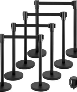 VEVOR 8-Piece Crowd Control Stanchion Set with 2 m Retractable Black Belt, Heavy-Duty Steel Posts & Concrete Base