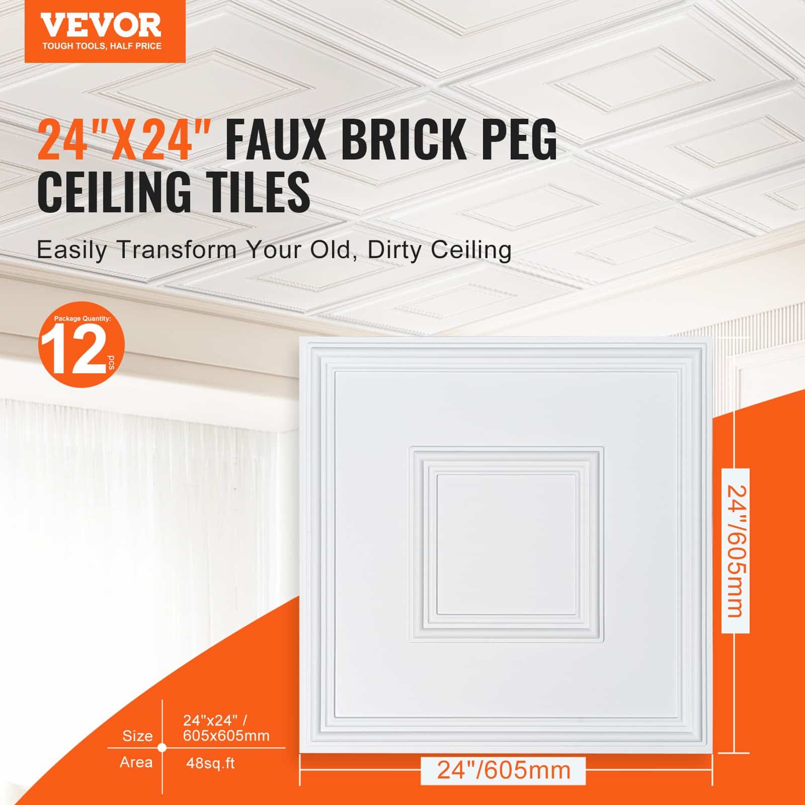 VEVOR 12-Pack 60x60 cm White PVC 3D Ceiling Tiles, Waterproof, Easy Install, for Home/Office Decoration - Image 2