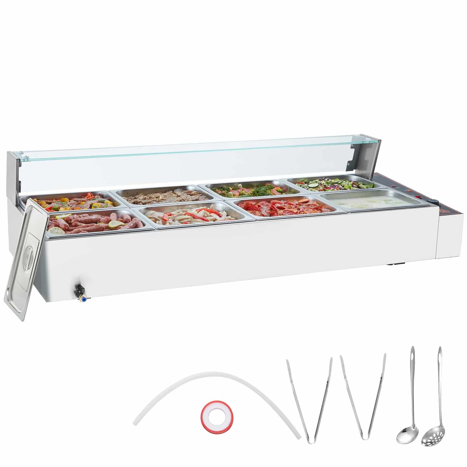 VEVOR Commercial Food Warmer with Glass Cover, 8 x 7.6L Pans, 1700W Stainless Steel Buffet Bain Marie, Temp Control 30–85°C