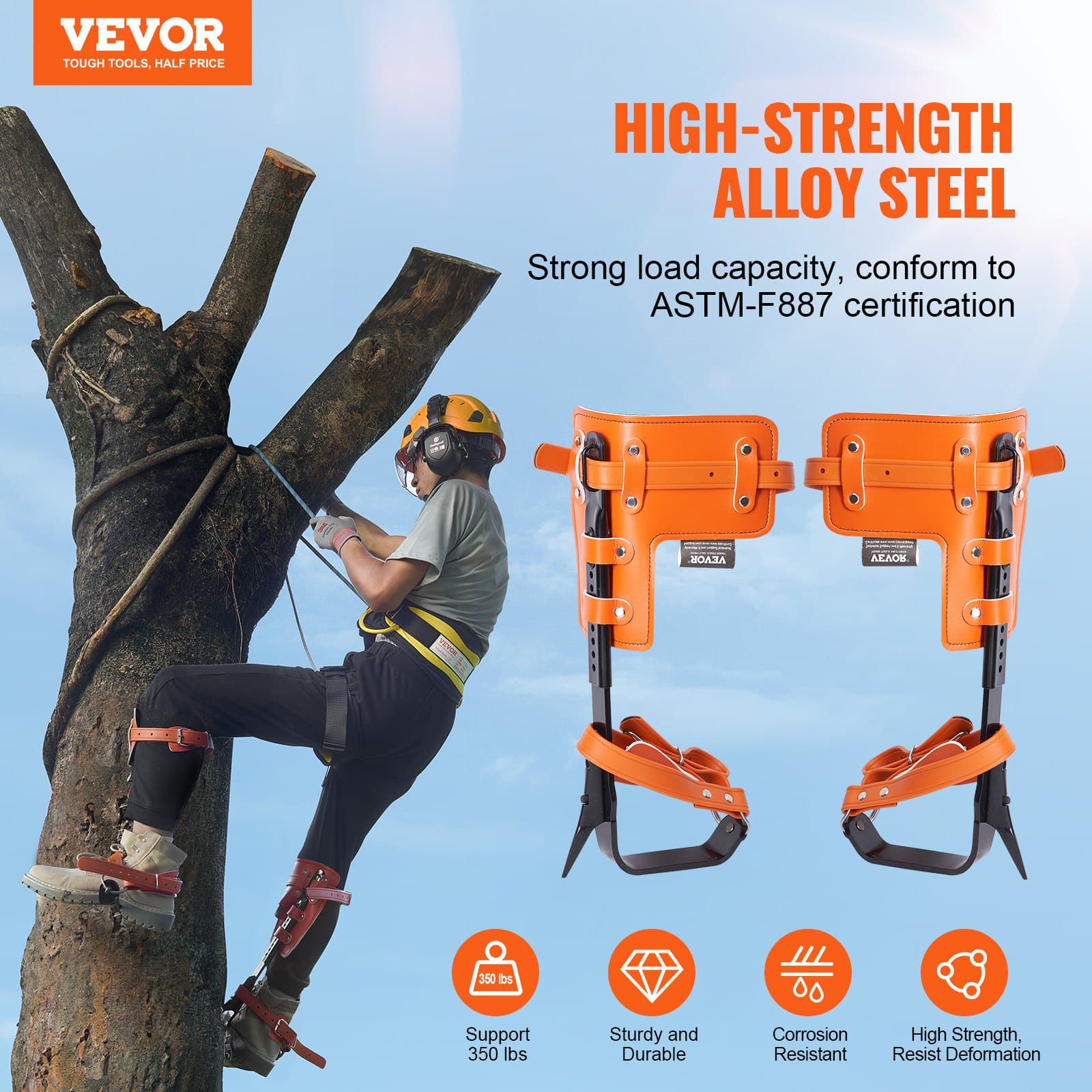 VEVOR Tree Climbing Spikes Set with Safety Rope & Harness, Alloy Steel, 160kg Load, Adjustable, for Arborists & Fruit Picking - Зображення 2