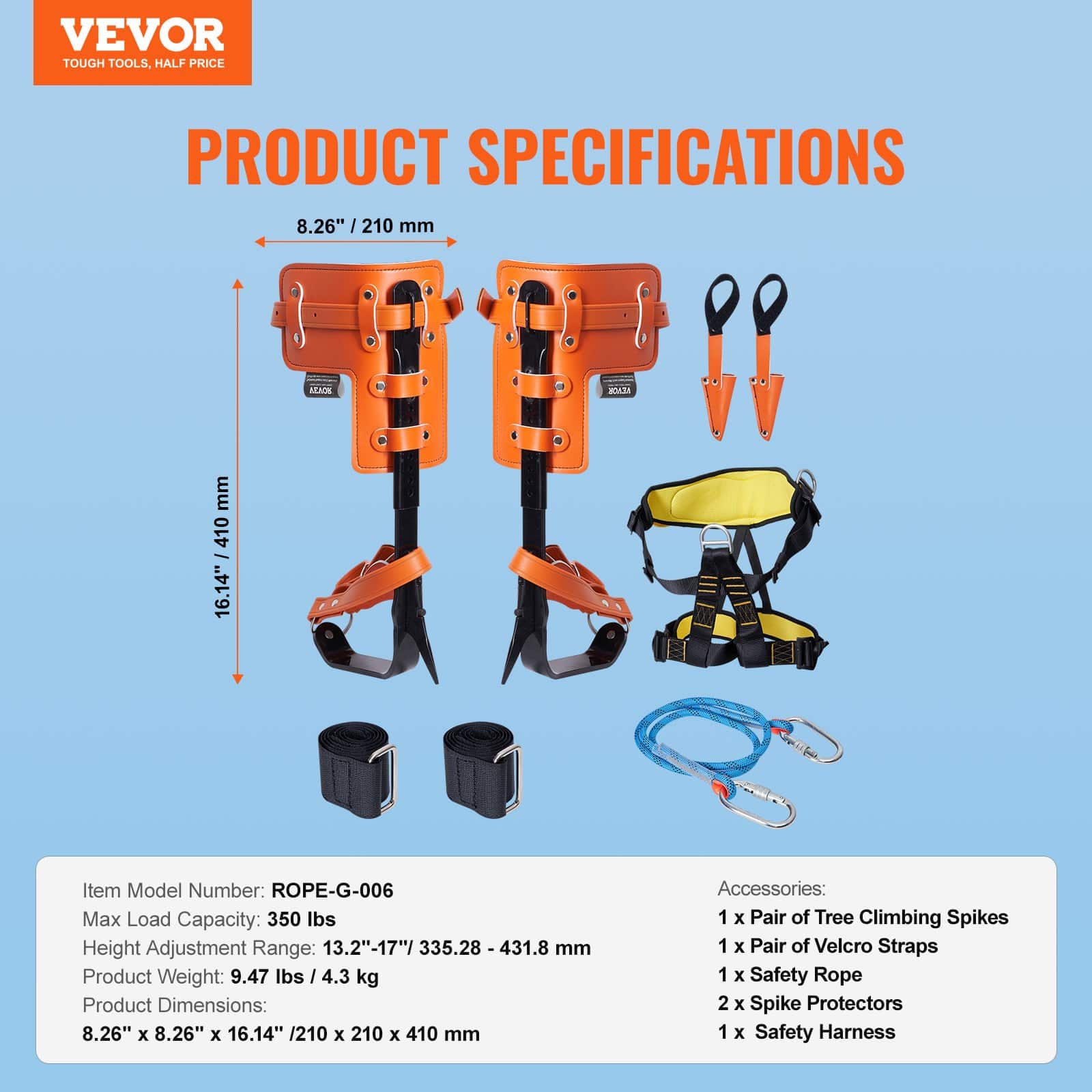 VEVOR Tree Climbing Spikes Set with Safety Rope & Harness, Alloy Steel, 160kg Load, Adjustable, for Arborists & Fruit Picking - Зображення 7
