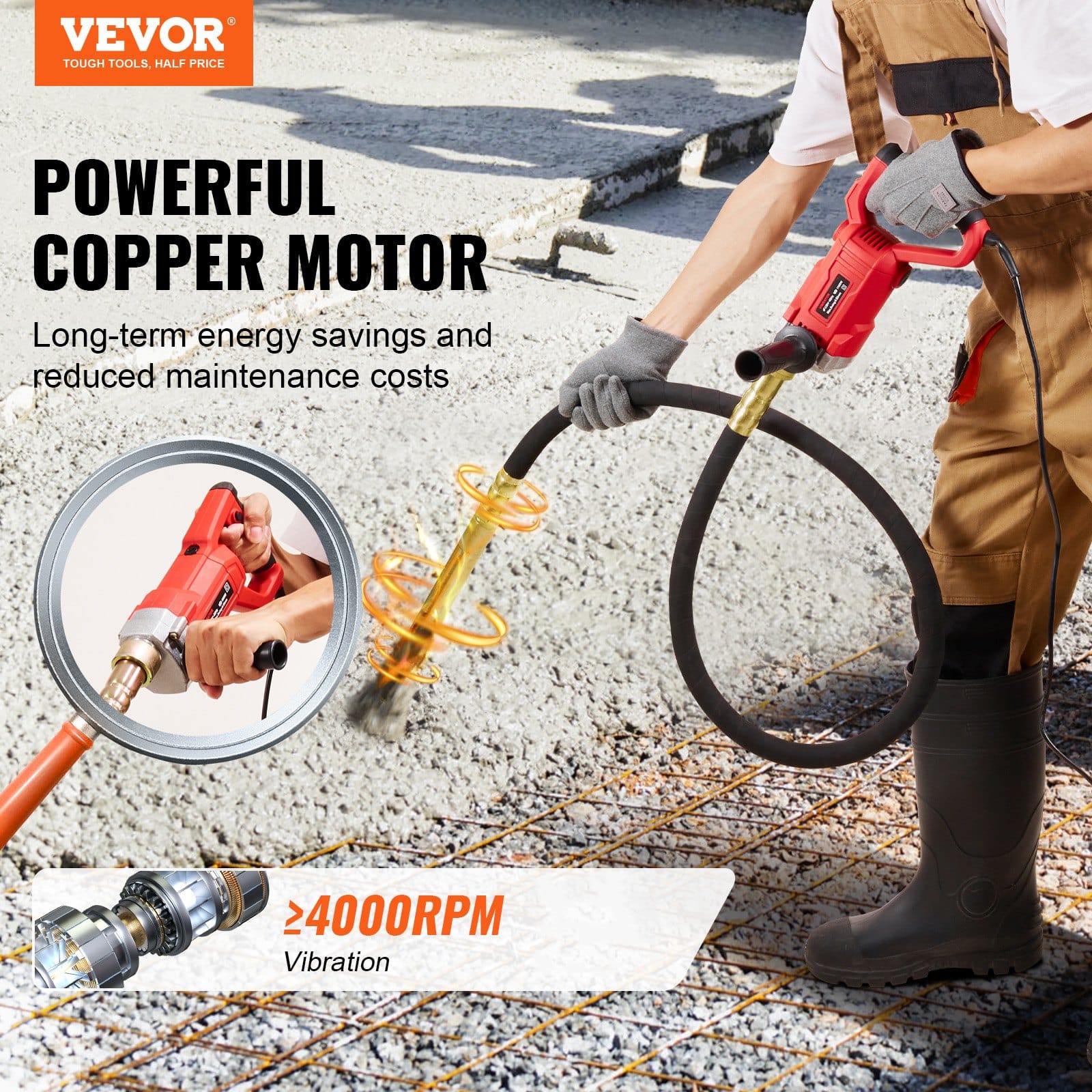 VEVOR 960W Handheld Electric Concrete Vibrator with 2m Shaft, 4000 RPM, Portable Tool for Air Bubble Removal and Mixing — attēls 2