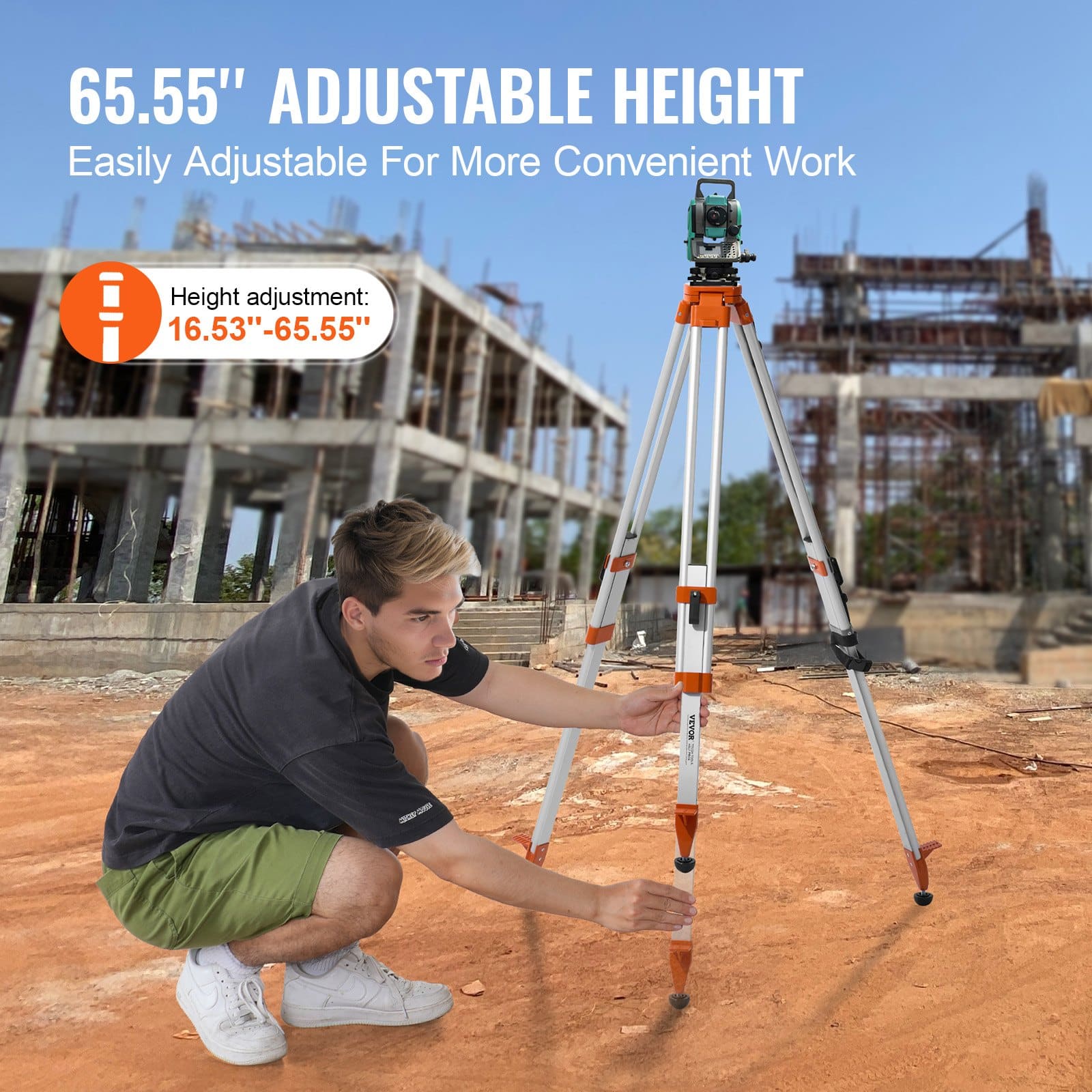 VEVOR Adjustable Laser Level Tripod Stand, 42–166.5 cm Height, 5/8"-11 Mount, Heavy-Duty Aluminum Tripod for Construction & Surveying – Paveikslėlis 3