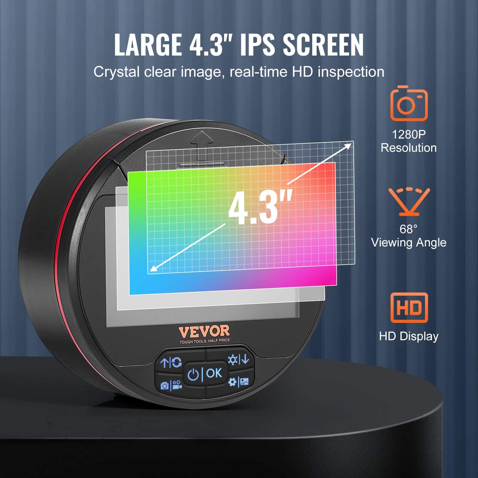 VEVOR Triple Lens Borescope Endoscope Camera with 4.3" IPS Screen, 8+2 LED Lights, 5m Cable, 32GB, IP67 Waterproof for Auto & Plumbing - Image 3