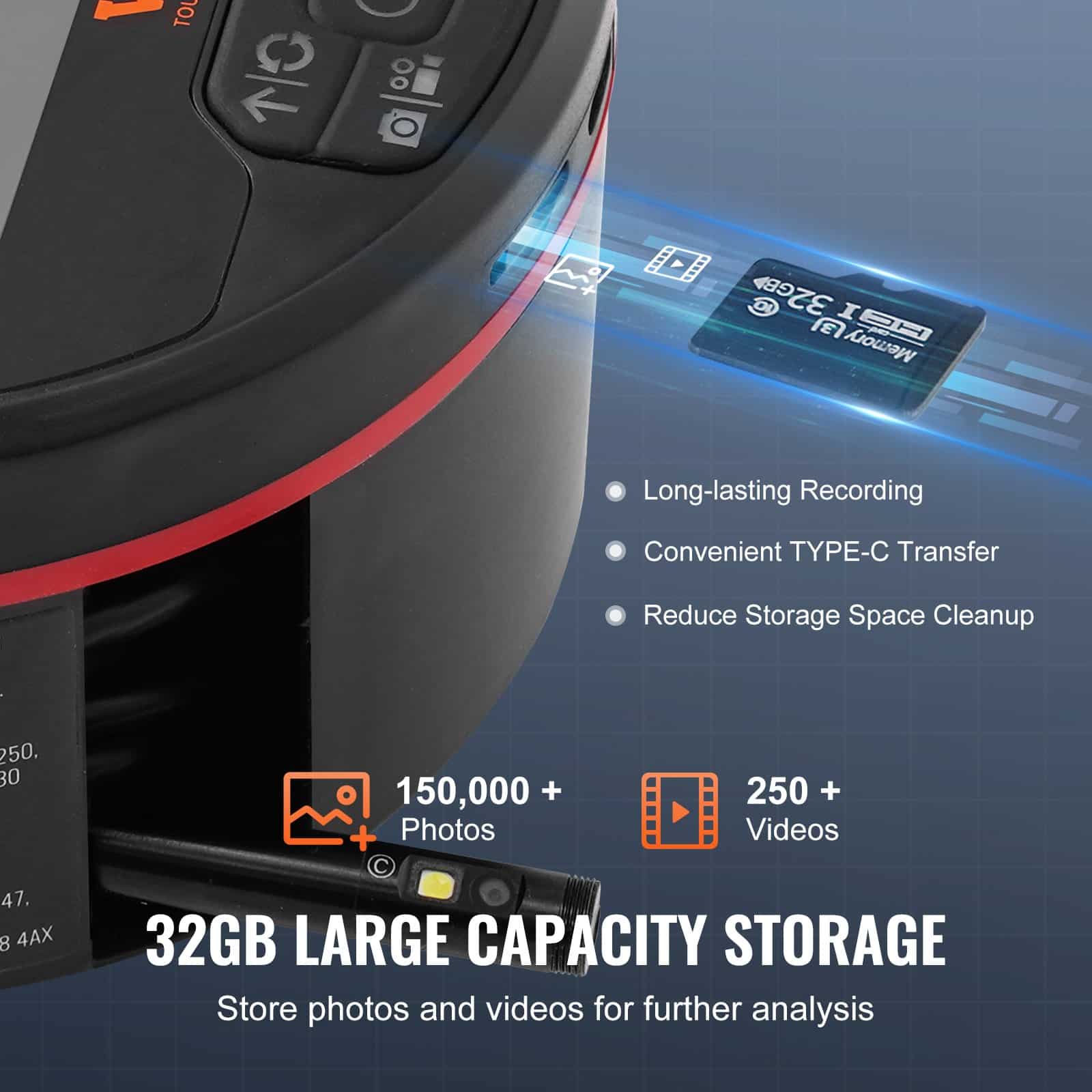 VEVOR Triple Lens Borescope Endoscope Camera with 4.3" IPS Screen, 8+2 LED Lights, 5m Cable, 32GB, IP67 Waterproof for Auto & Plumbing - Image 5