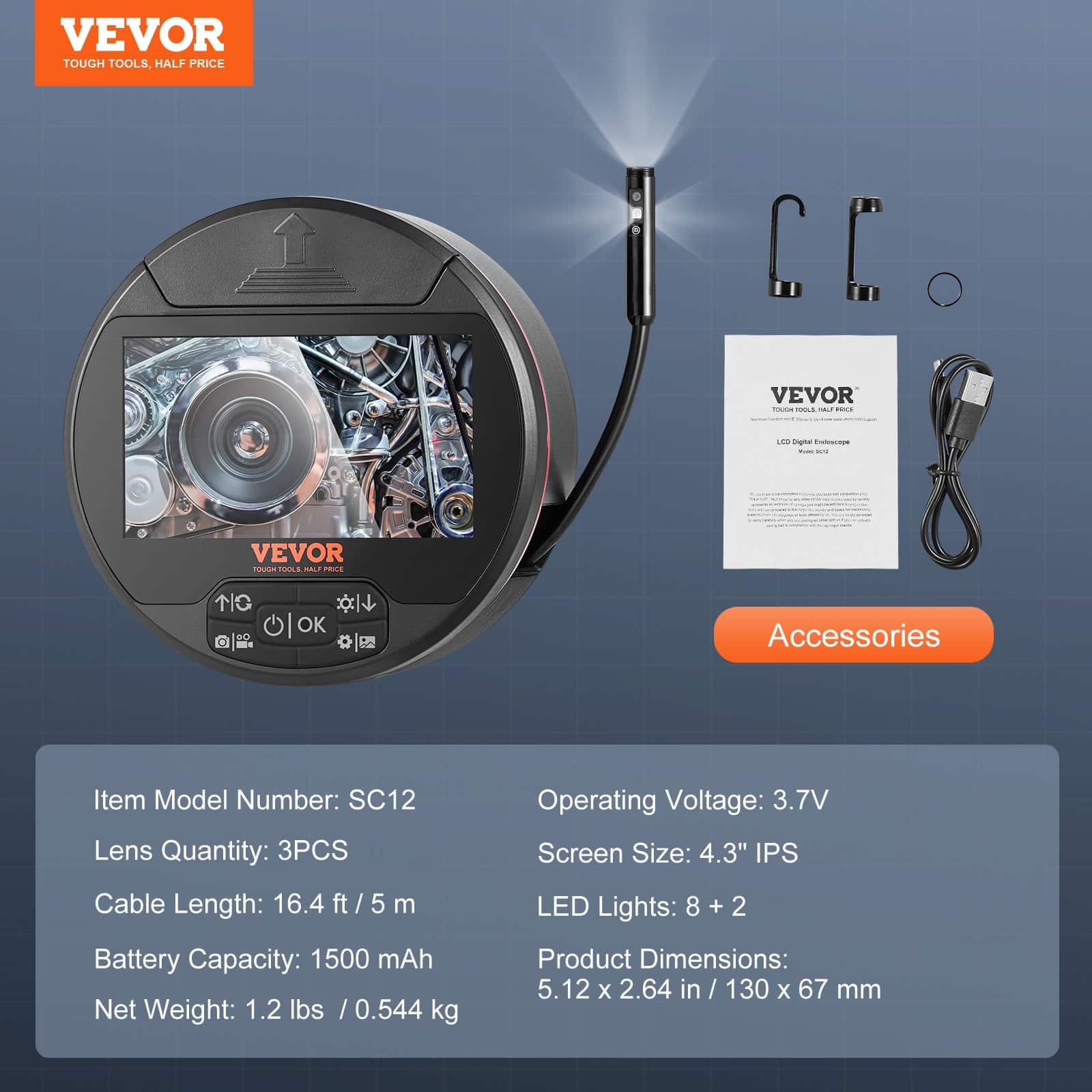 VEVOR Triple Lens Borescope Endoscope Camera with 4.3" IPS Screen, 8+2 LED Lights, 5m Cable, 32GB, IP67 Waterproof for Auto & Plumbing - Image 7