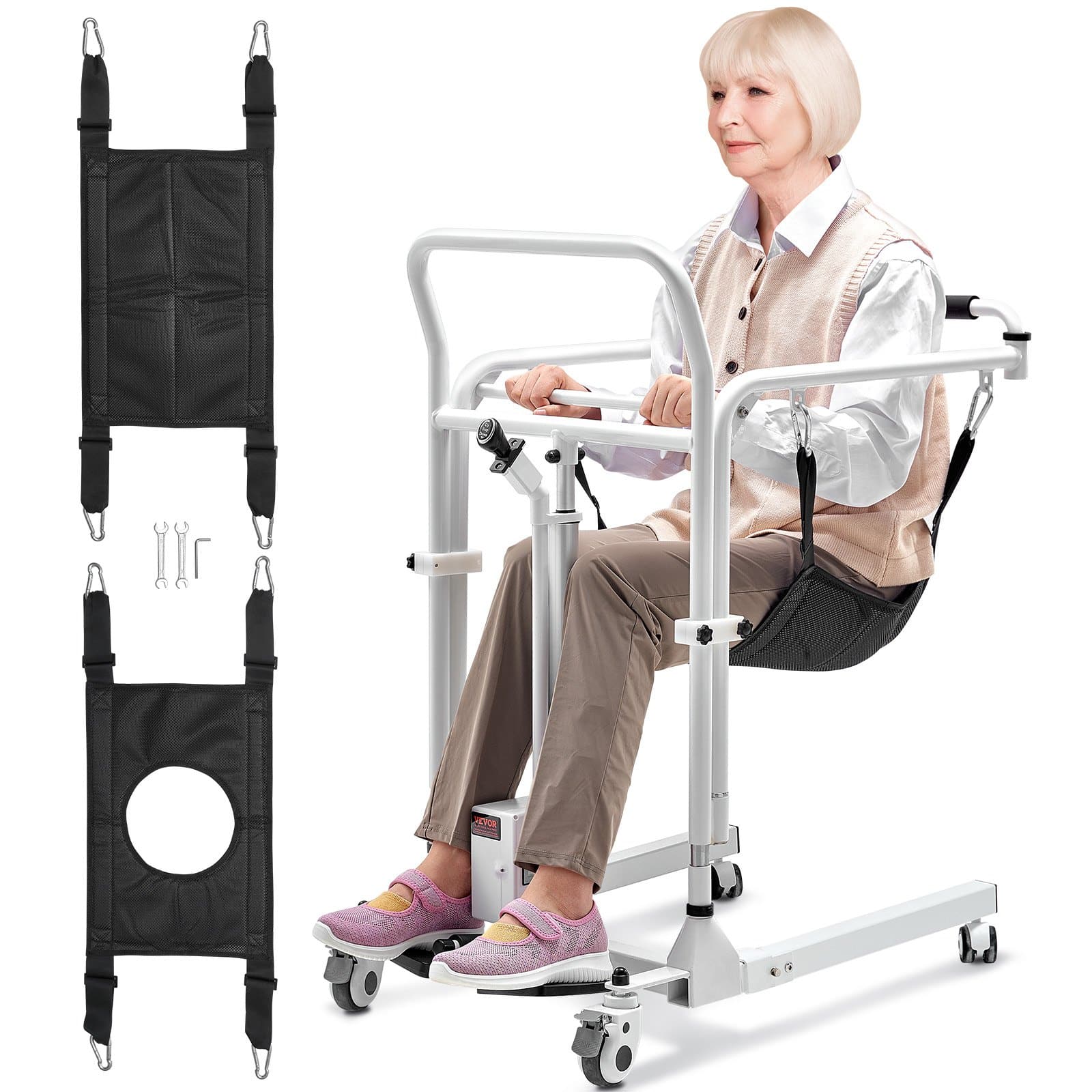 VEVOR Electric Patient Transfer Chair, Foldable Lift Wheelchair with Adjustable Height, Commode & Wheels, 100kg Capacity