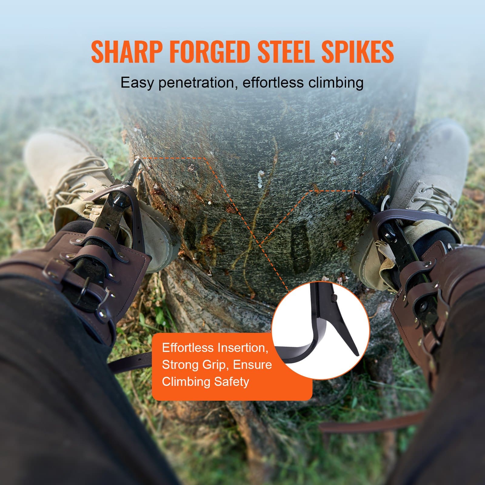 VEVOR Tree Climbing Spikes Pair, Alloy Steel Spurs, 160kg Load, Adjustable Gear with Straps & Protectors for Arborists, Brown - Зображення 5