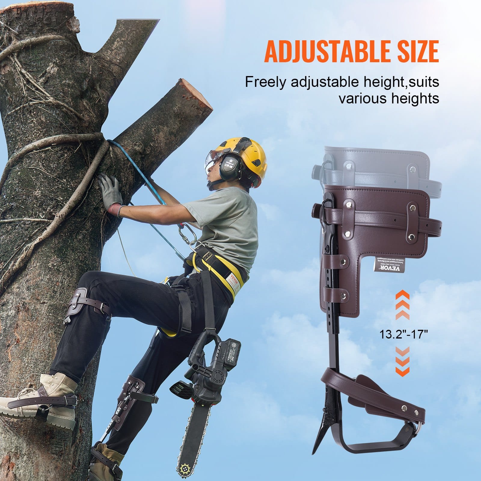 VEVOR Tree Climbing Spikes Pair, Alloy Steel Spurs, 160kg Load, Adjustable Gear with Straps & Protectors for Arborists, Brown - Зображення 6