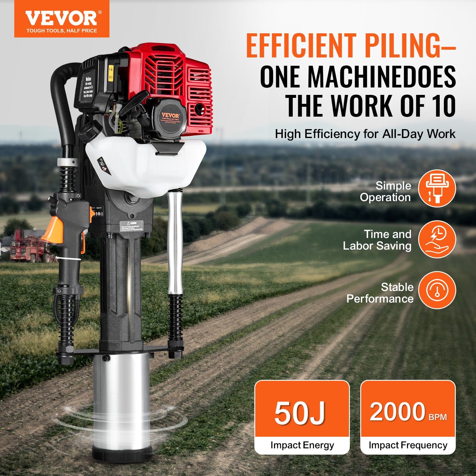 VEVOR 52cc Gas Post Driver, 1400W 2-Stroke Pile Driver with 3 Heads (49/69/100 mm) for Farm Fencing & Construction - Image 2