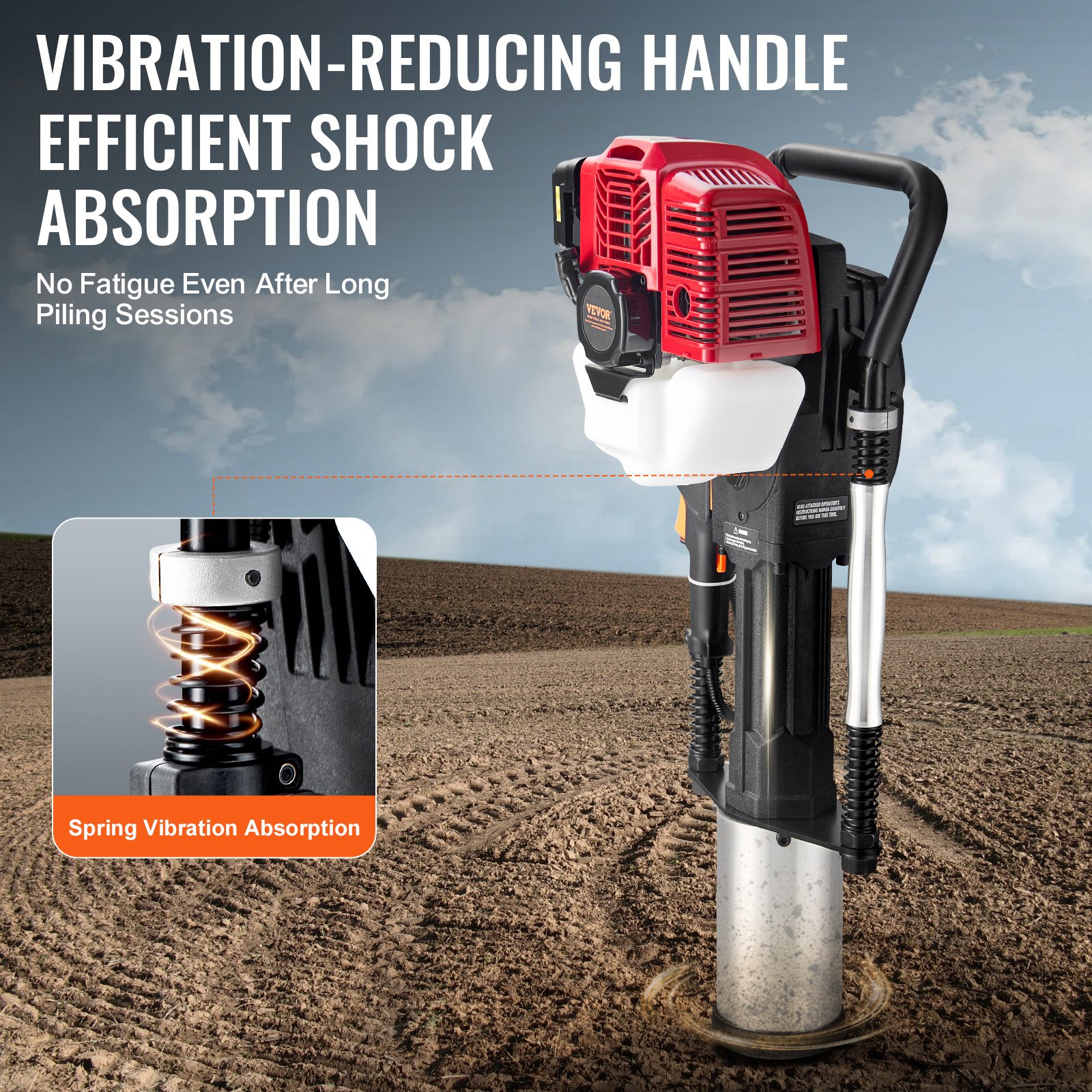 VEVOR 52cc Gas Post Driver, 1400W 2-Stroke Pile Driver with 3 Heads (49/69/100 mm) for Farm Fencing & Construction - Image 5