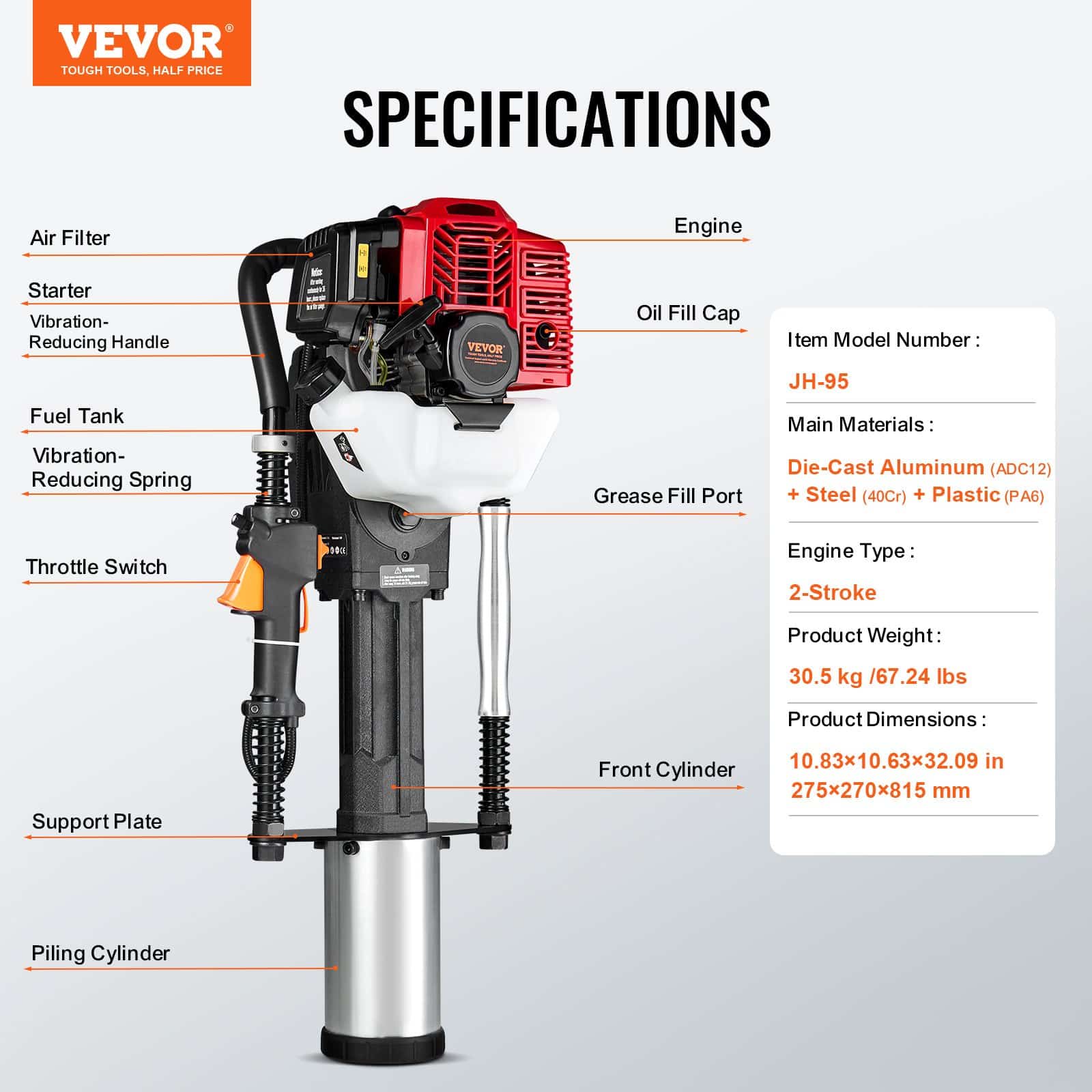 VEVOR 52cc Gas Post Driver, 1400W 2-Stroke Pile Driver with 3 Heads (49/69/100 mm) for Farm Fencing & Construction - Image 7