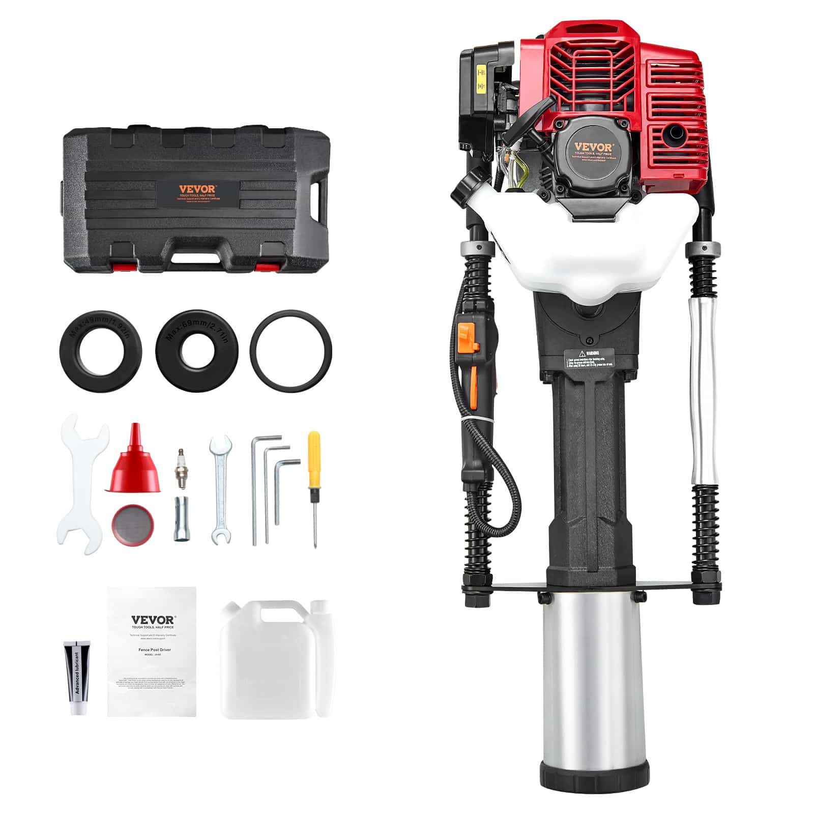 Драйвер заправочной станции VEVOR 52cc, 1400 Вт 2-тактный свайный драйвер с 3 головками (49/69/100 мм) для ограждения и строительства ферм