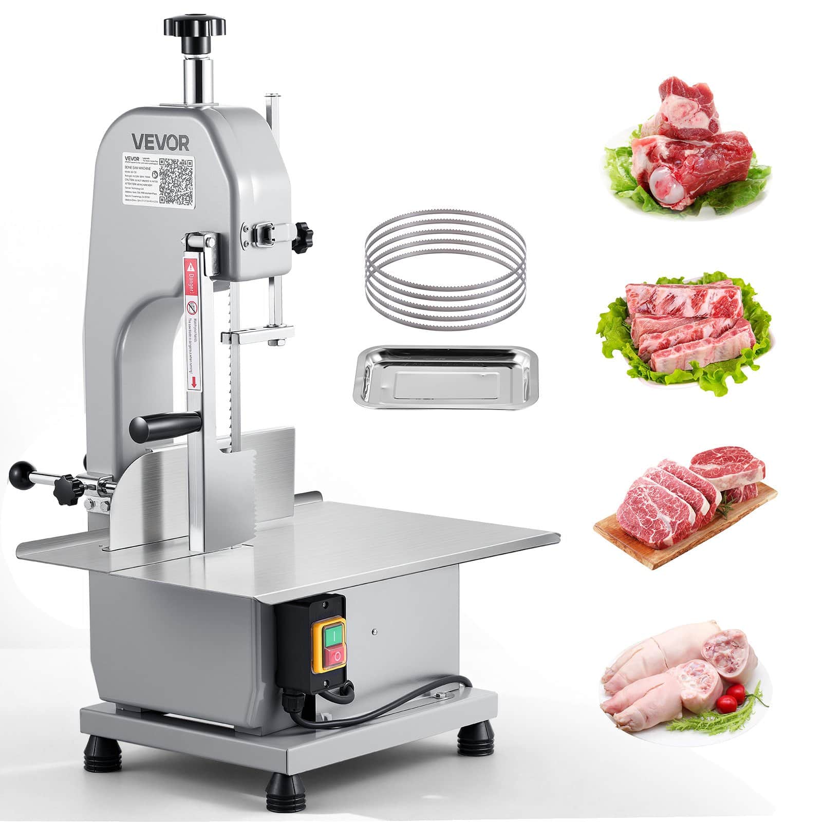 VEVOR 650W Electric Meat Bandsaw, Stainless Steel Countertop Cutter for Frozen Meat & Fish, Max Cut Thickness 110mm, 315x460mm Table