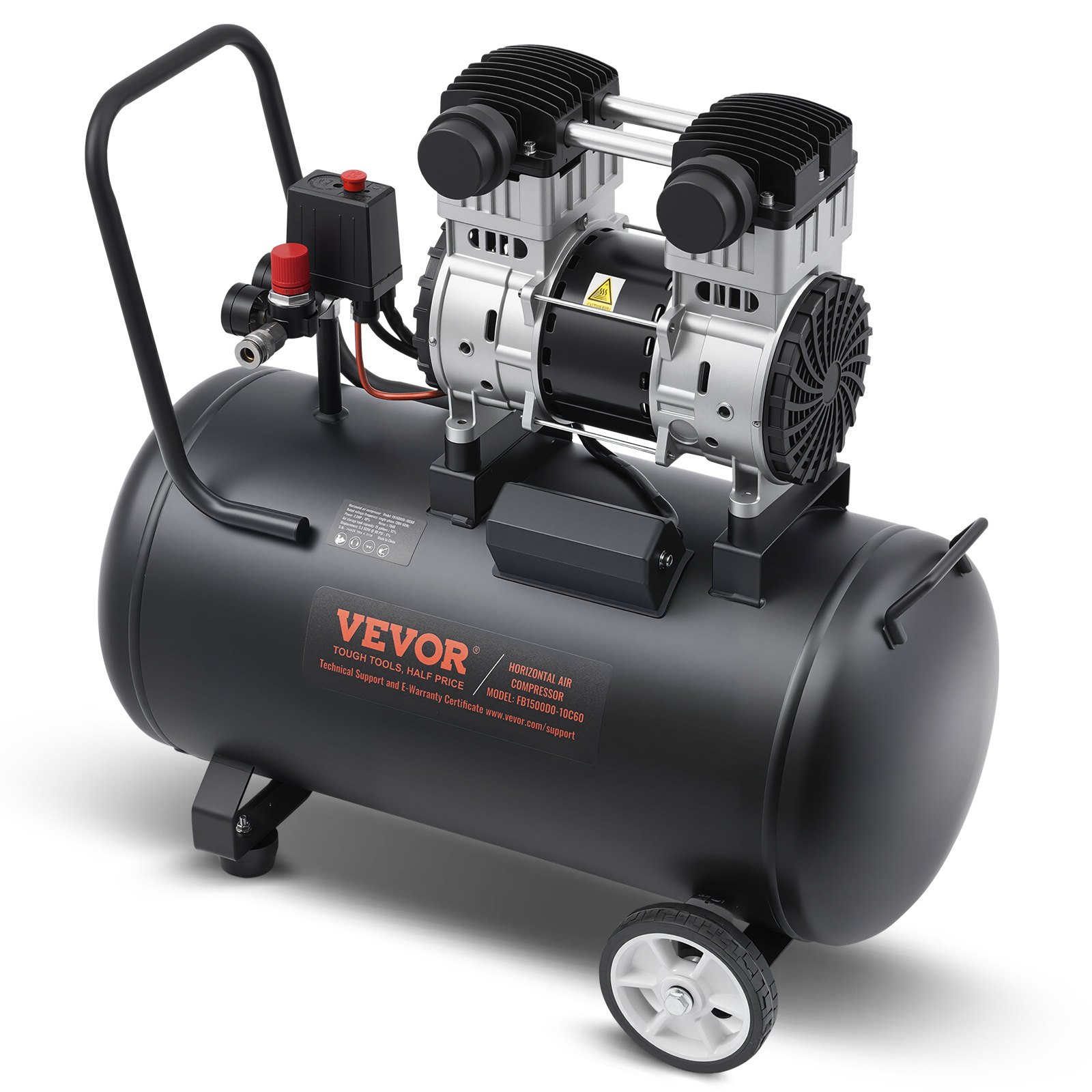 VEVOR 57L Ultra Quiet 2HP Oil-Free Air Compressor, 5.3 CFM@6.2 Bar, Max 8.6 Bar, Steel Tank, for Auto Repair & Spray Painting