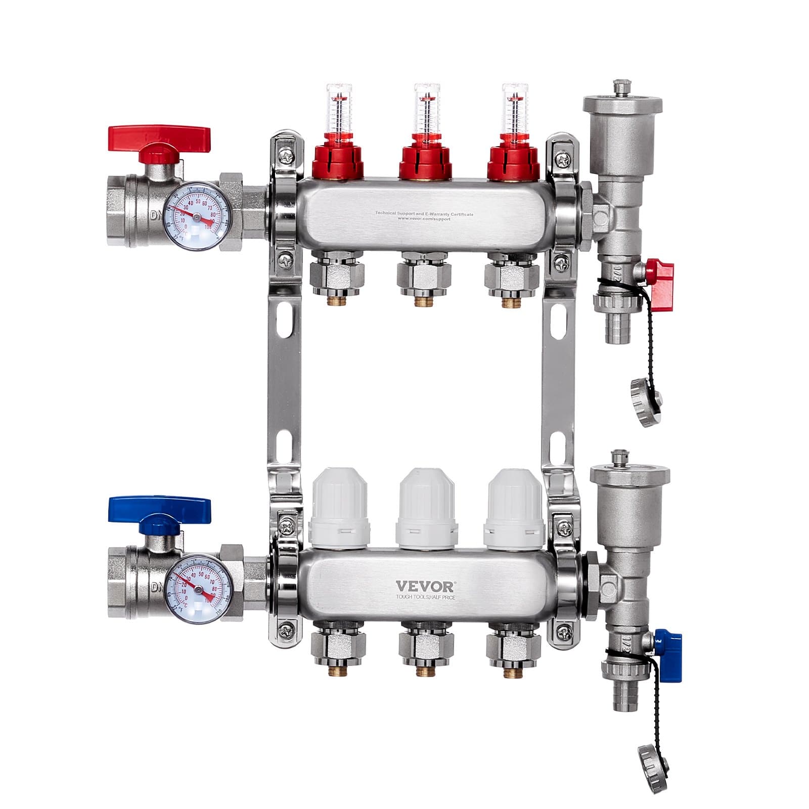 VEVOR 3-haruline roostevabast terasest PEX kollektorikomplekt 1/2-tolliste adapteritega hüdraulilise kiirgusega põrandakütte jaoks, 5 l/min vooluhulk