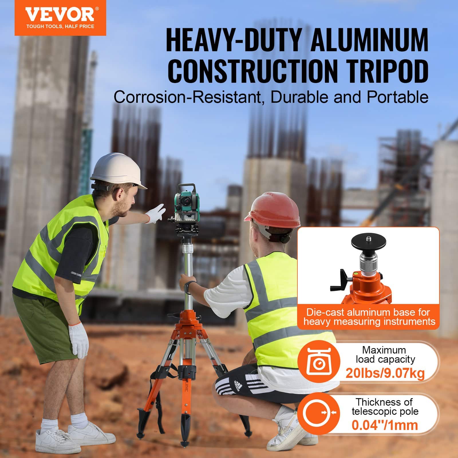 VEVOR Heavy-Duty Laser Level Tripod, 5/8"-11 Mount, 69–172 cm Adjustable Height, Aluminum, with Level Bubble & Carry Strap - Зображення 2
