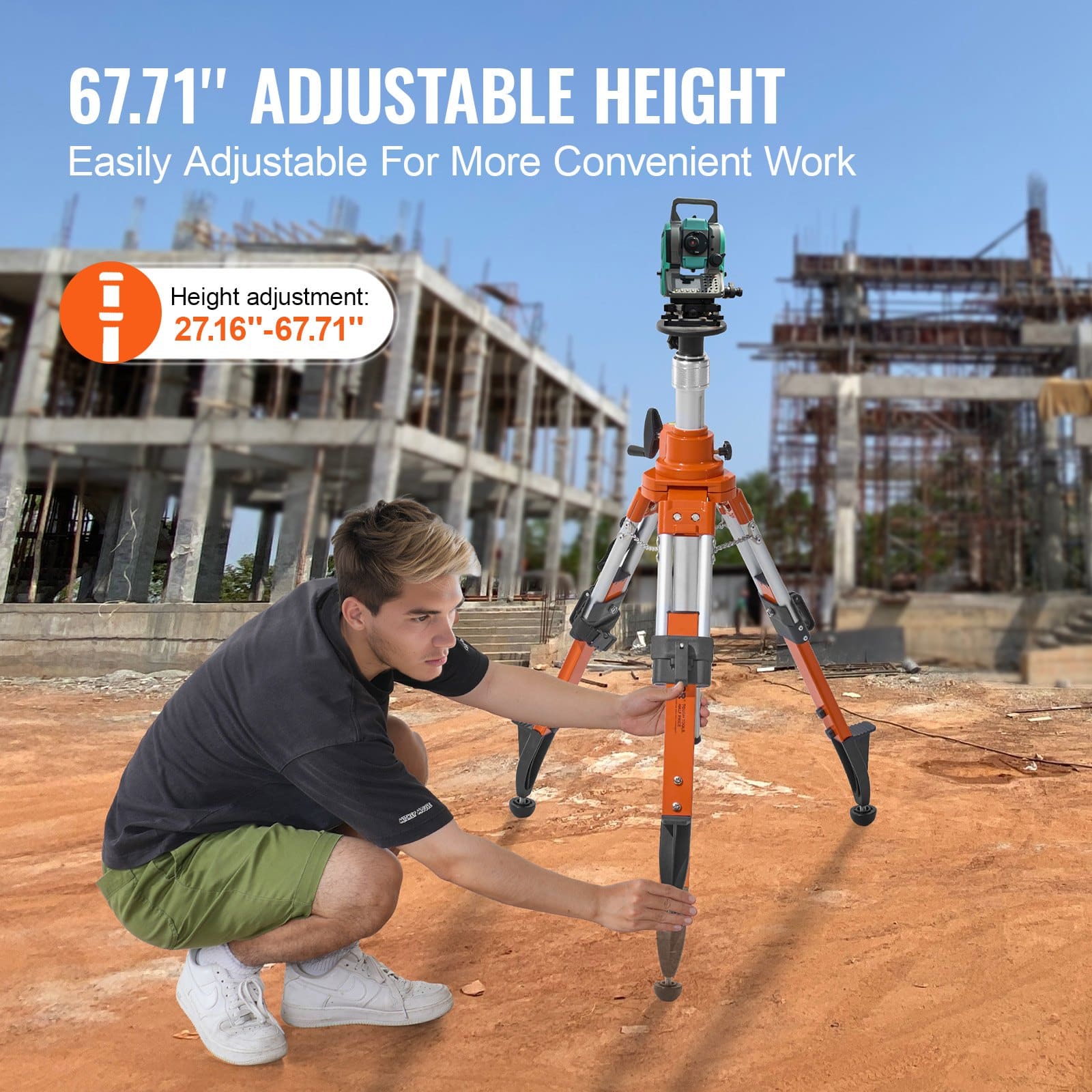 VEVOR Heavy-Duty Laser Level Tripod, 5/8"-11 Mount, 69–172 cm Adjustable Height, Aluminum, with Level Bubble & Carry Strap - Зображення 3