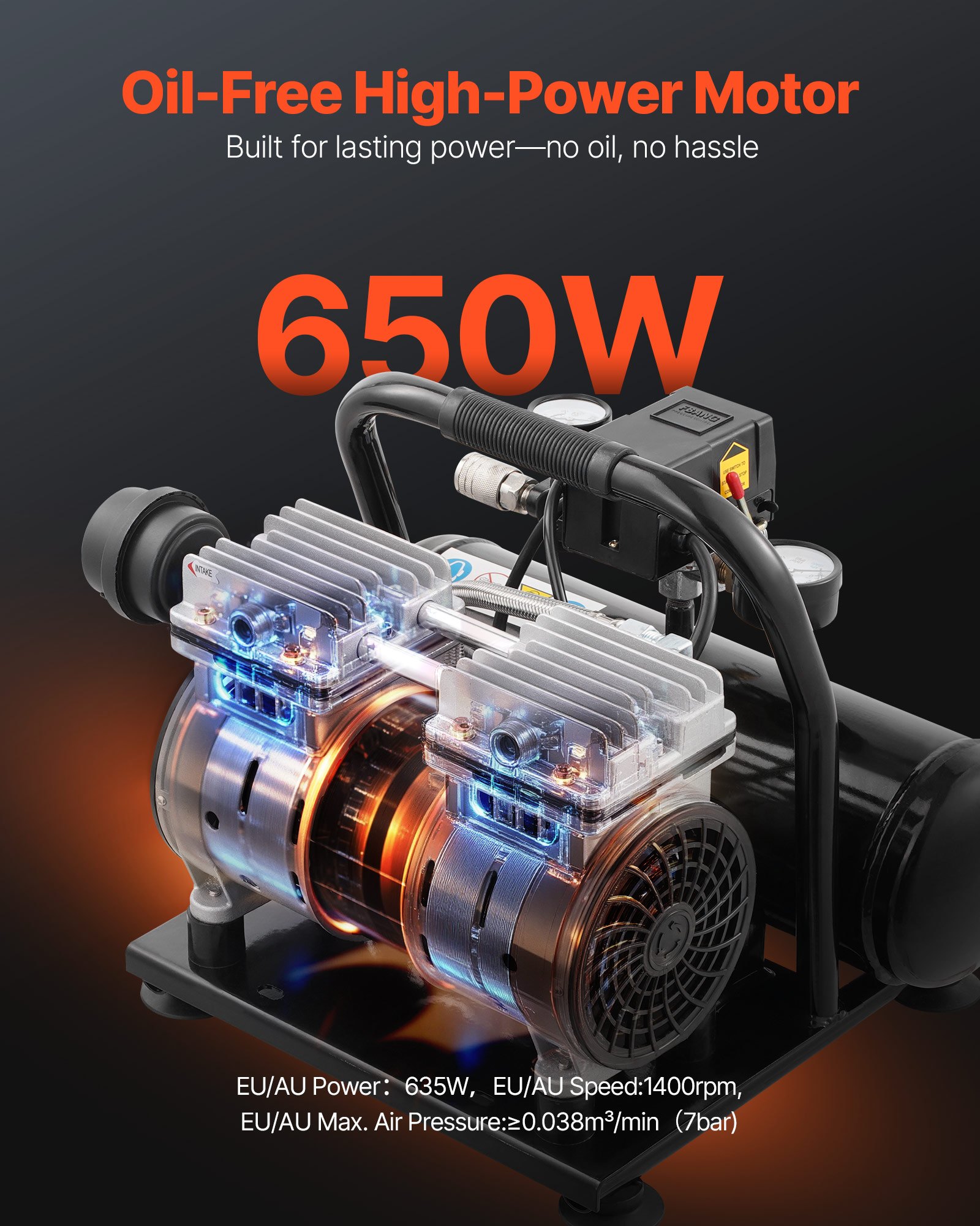 VEVOR 1HP Ultra Quiet Oil-Free Air Compressor, 1 Gallon Steel Tank, 1.5 CFM@6.2bar, 120PSI Max, for Auto Repair & Painting - Image 2