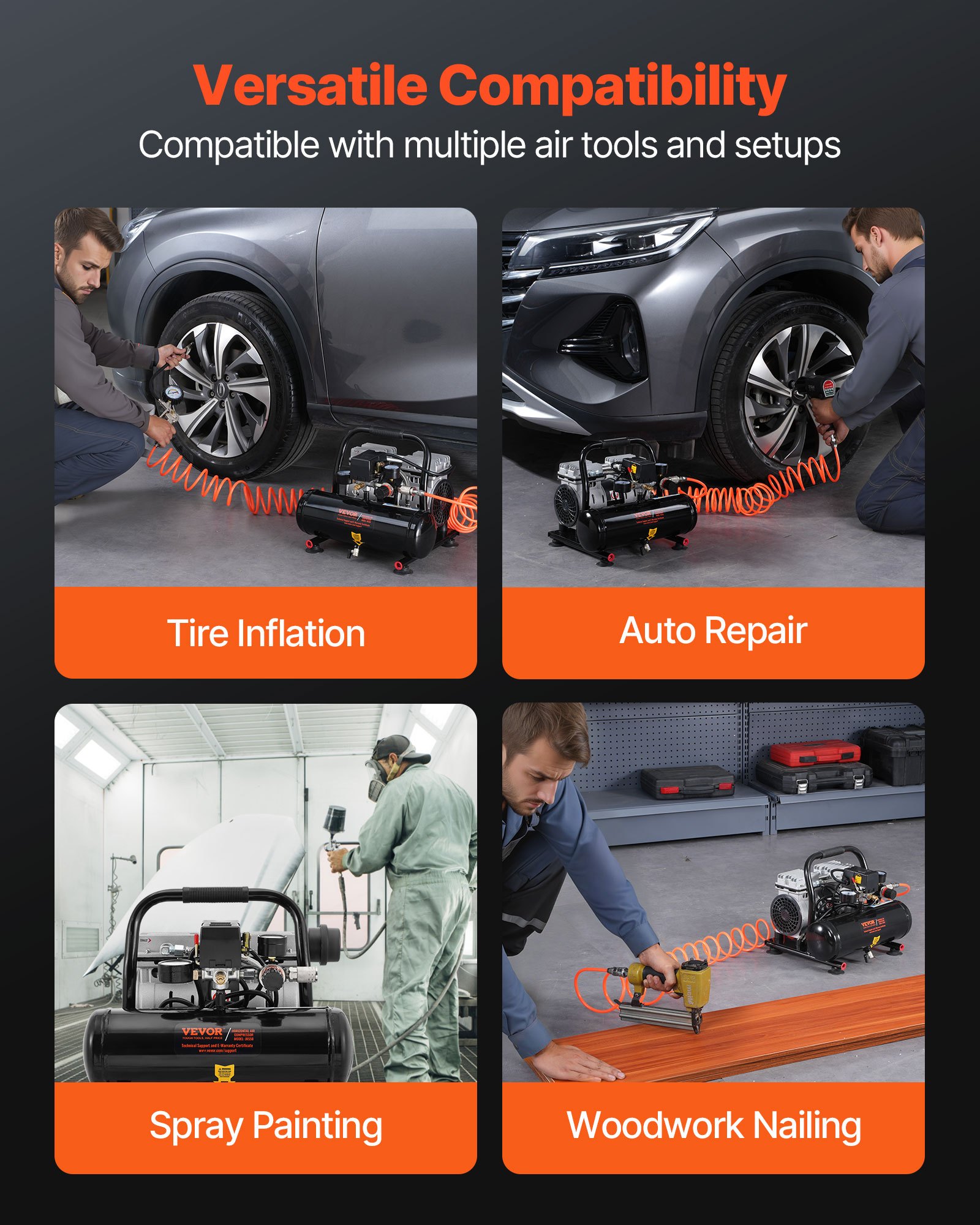 VEVOR 1HP Ultra Quiet Oil-Free Air Compressor, 1 Gallon Steel Tank, 1.5 CFM@6.2bar, 120PSI Max, for Auto Repair & Painting - Image 6